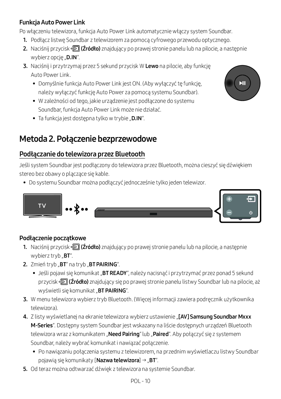 Samsung HW-M360/ZF Metoda 2. Połączenie bezprzewodowe, Podłączanie do telewizora przez Bluetooth, Funkcja Auto Power Link 