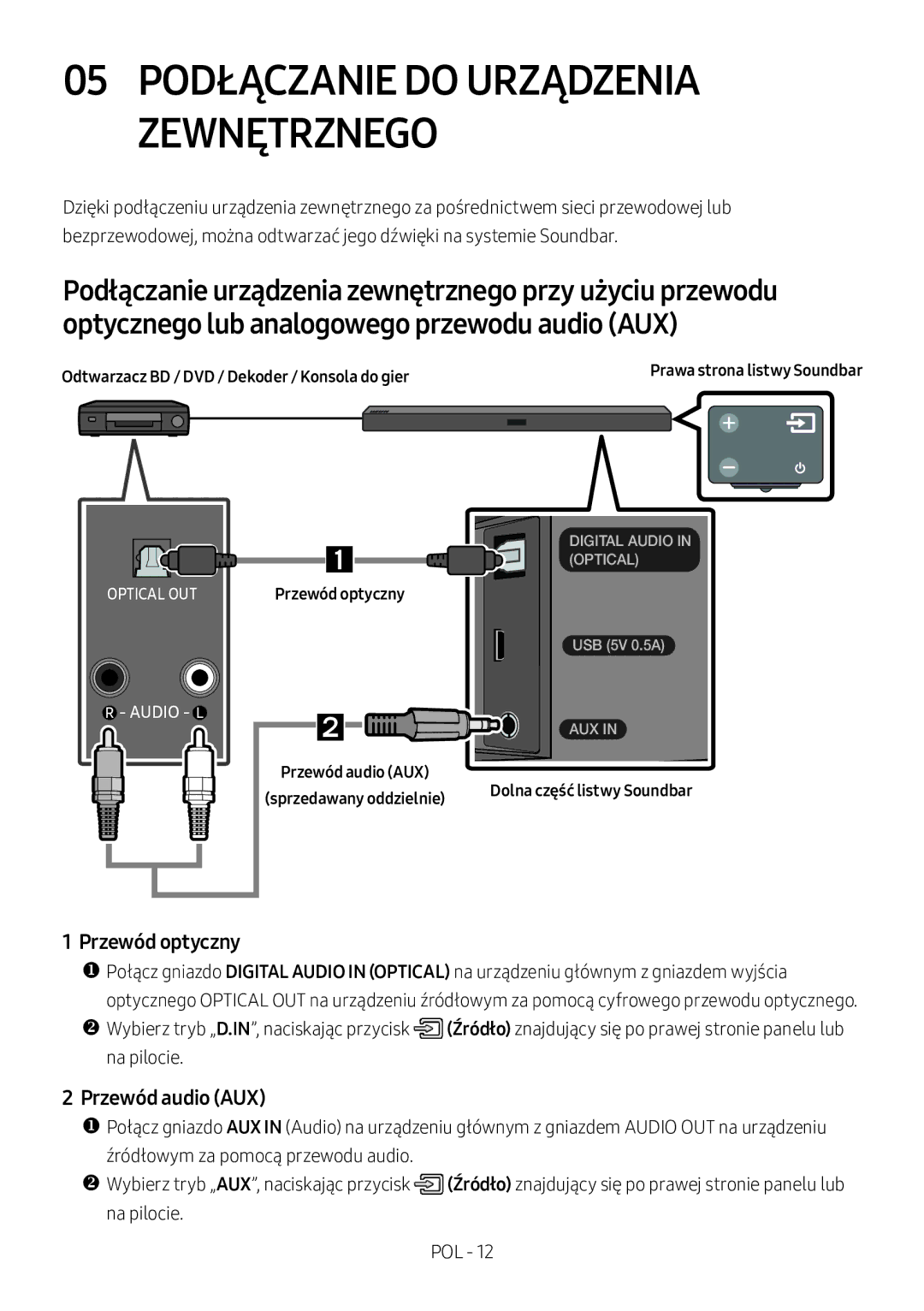 Samsung HW-M360/ZG, HW-M360/EN, HW-M360/ZF manual Przewód optyczny, Przewód audio AUX 