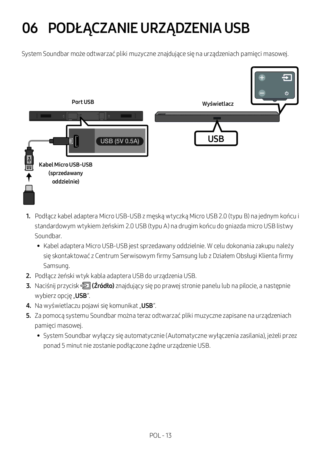 Samsung HW-M360/ZF manual 06 Podłączanie Urządzenia USB, Port USB Wyświetlacz, Kabel Micro USB-USB Sprzedawany Oddzielnie 