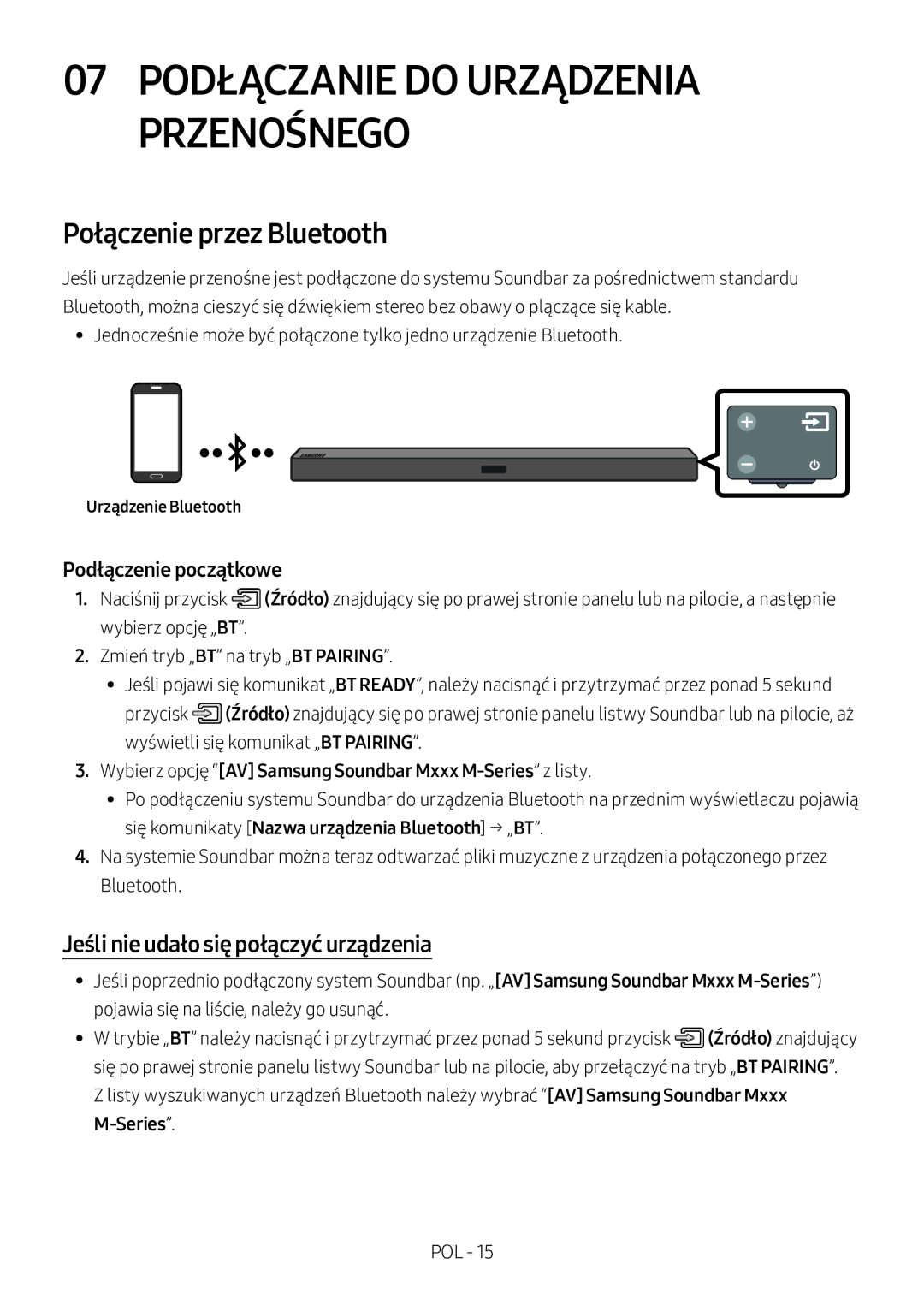 Samsung HW-M360/ZG manual Połączenie przez Bluetooth, Jeśli nie udało się połączyć urządzenia, Series, Urządzenie Bluetooth 