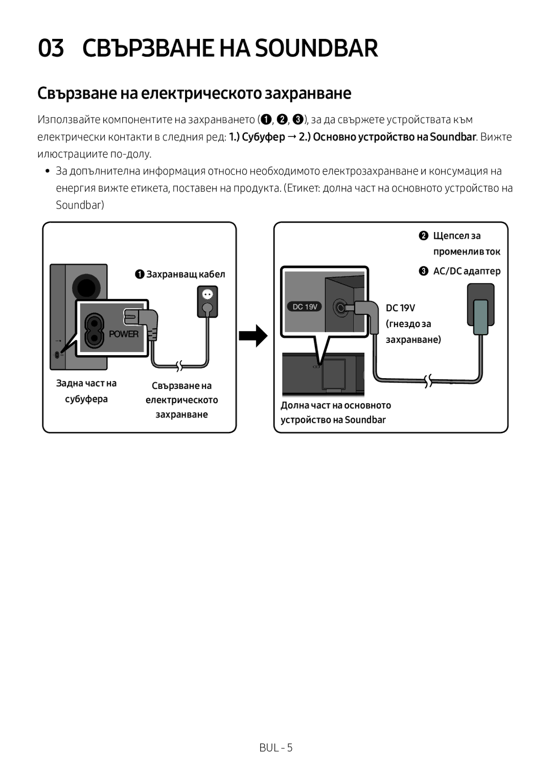 Samsung HW-M360/ZF, HW-M360/EN, HW-M360/ZG manual 03 Свързване НА Soundbar, Свързване на електрическото захранване 