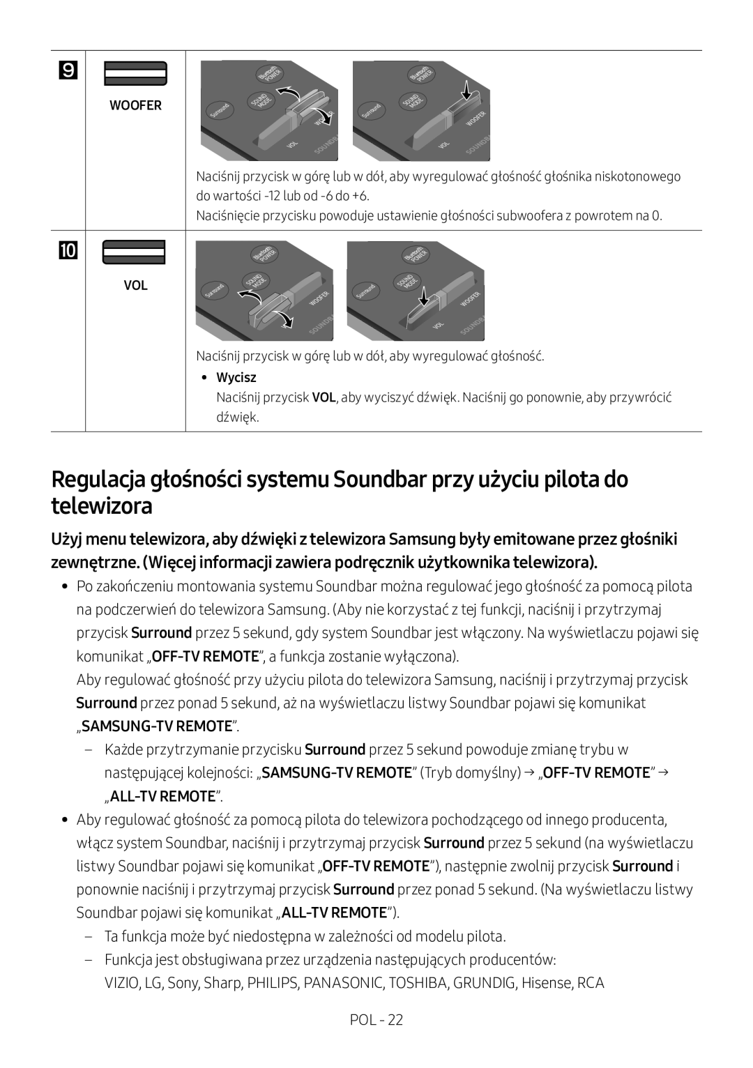 Samsung HW-M360/ZF, HW-M360/EN, HW-M360/ZG manual Naciśnij przycisk w górę lub w dół, aby wyregulować głośność, Wycisz 