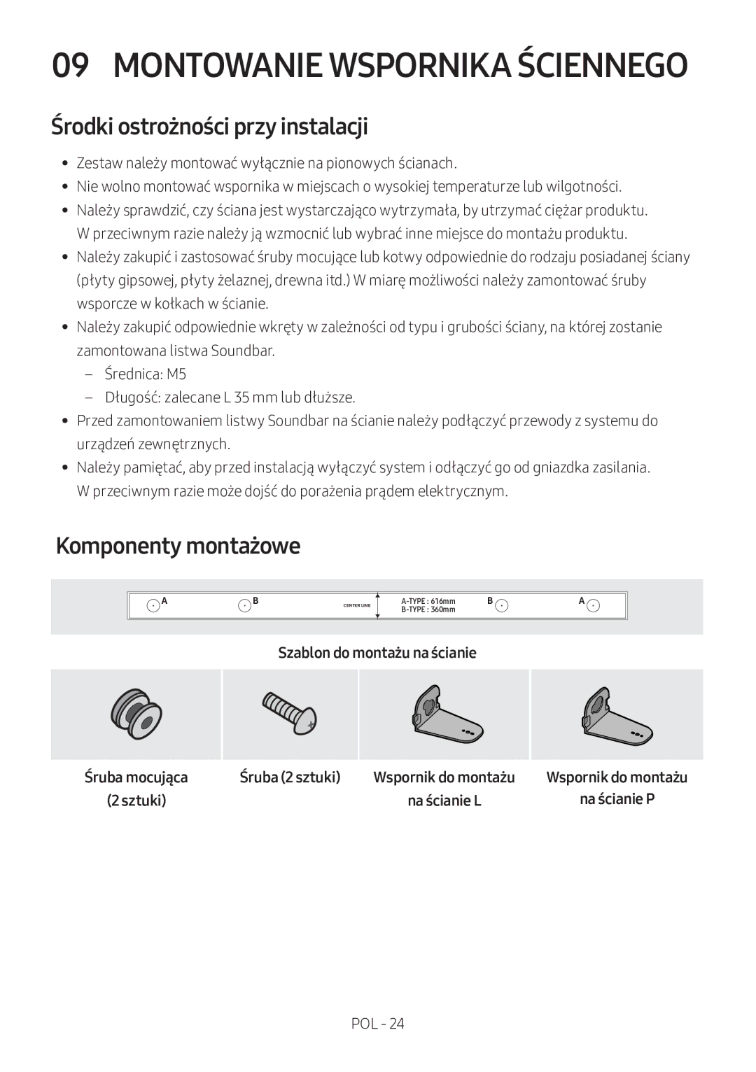 Samsung HW-M360/ZG Środki ostrożności przy instalacji, Komponenty montażowe, Na ścianie P, Szablon do montażu na ścianie 