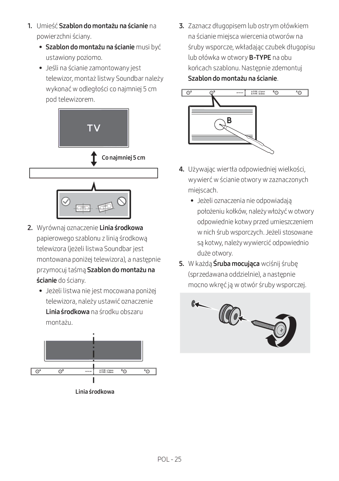 Samsung HW-M360/ZF, HW-M360/EN, HW-M360/ZG manual Co najmniej 5 cm, Linia środkowa 