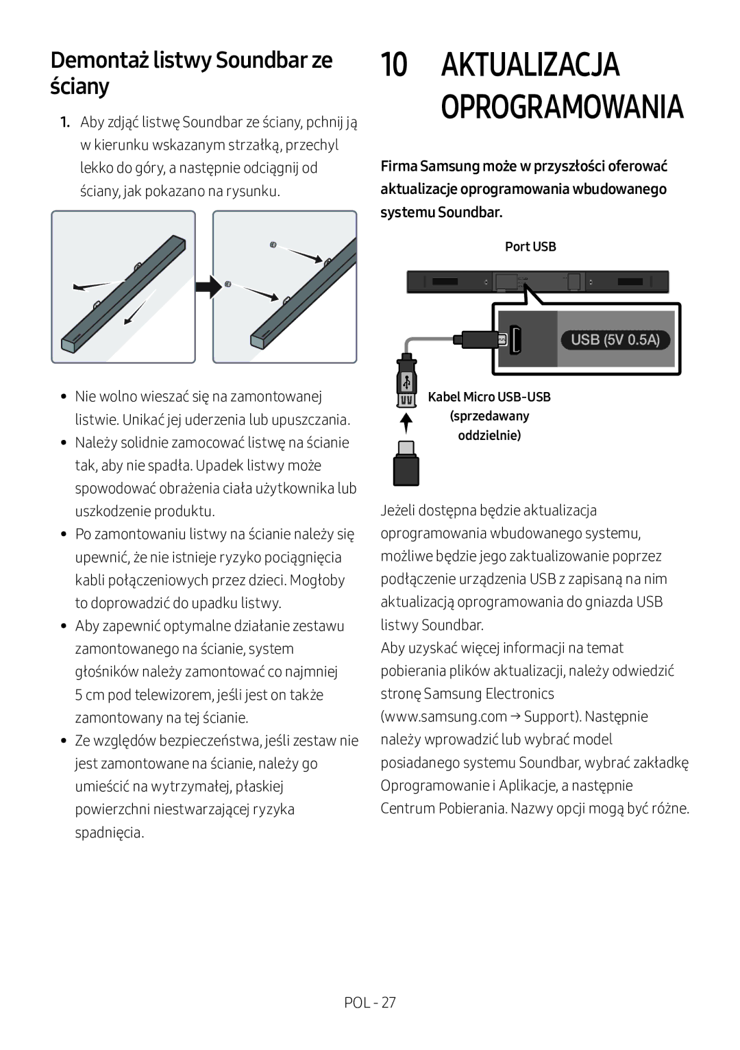 Samsung HW-M360/ZG, HW-M360/EN, HW-M360/ZF manual Aktualizacja Oprogramowania, Demontaż listwy Soundbar ze ściany 