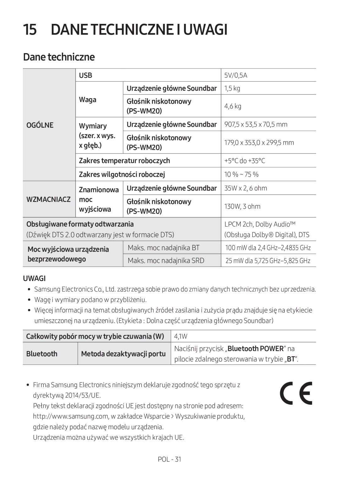 Samsung HW-M360/ZF, HW-M360/EN, HW-M360/ZG manual Dane Techniczne I Uwagi, Dane techniczne 