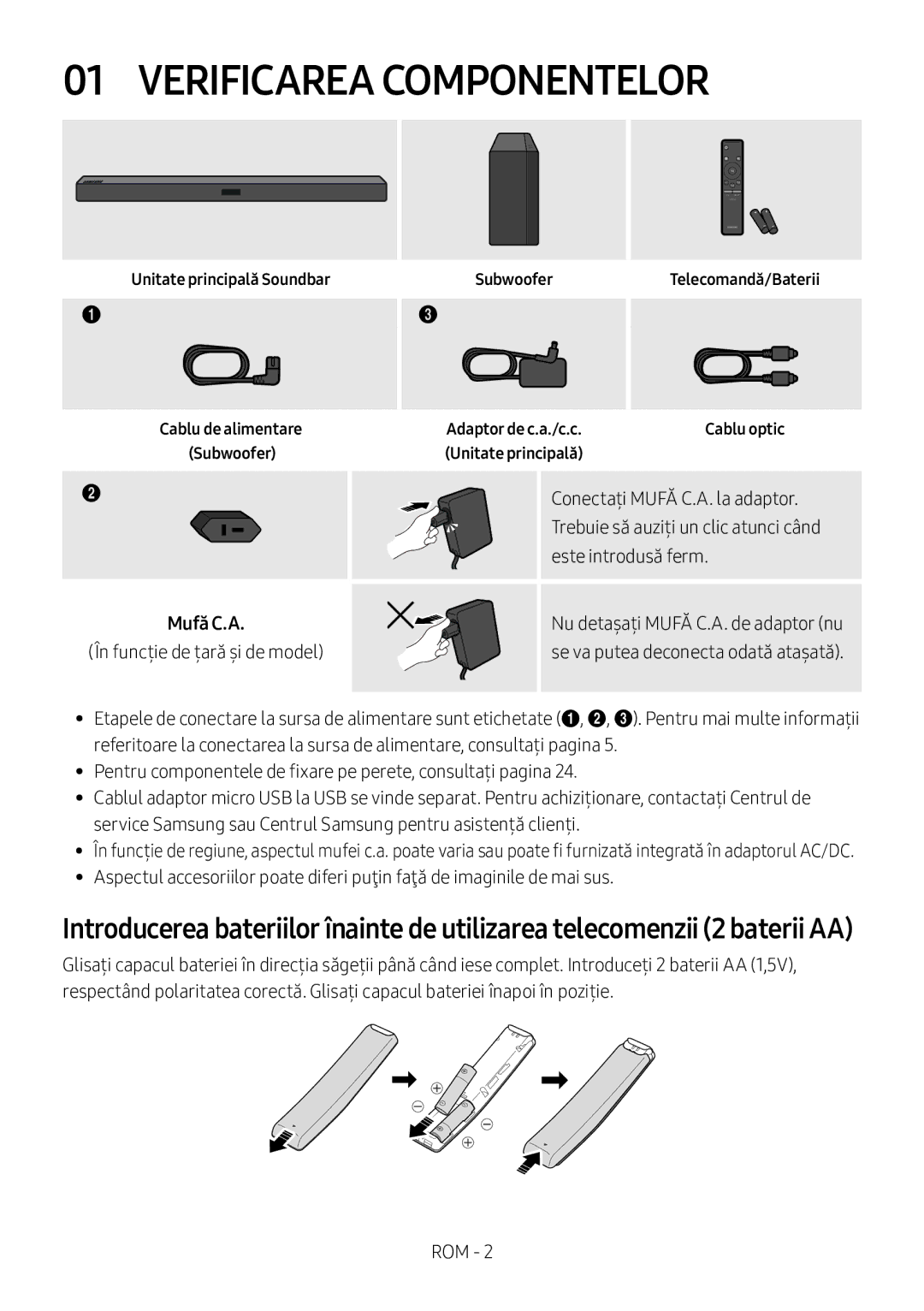 Samsung HW-M360/ZF, HW-M360/EN, HW-M360/ZG manual Verificarea Componentelor, Unitate principală Soundbar, Mufă C.A 