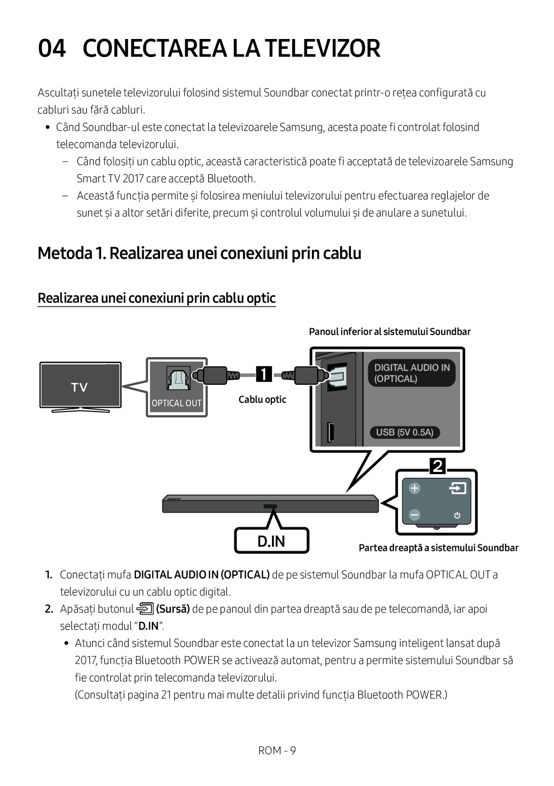 Samsung HW-M360/EN, HW-M360/ZG, HW-M360/ZF manual Conectarea LA Televizor, Metoda 1. Realizarea unei conexiuni prin cablu 