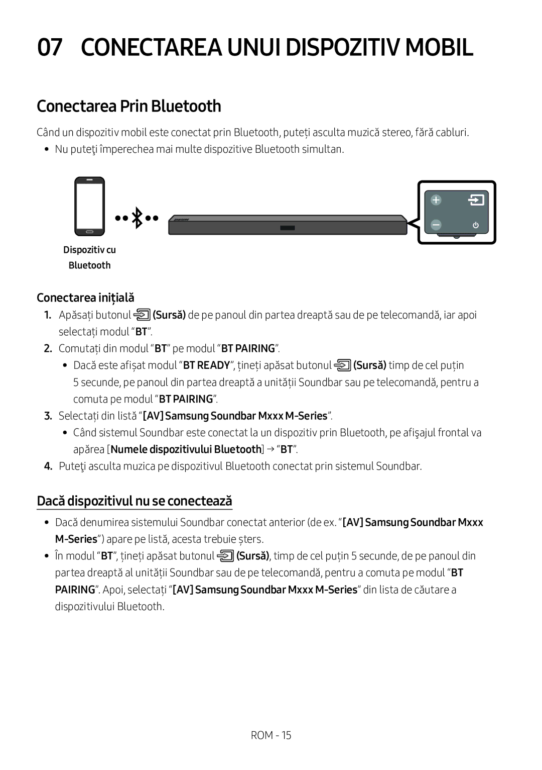 Samsung HW-M360/EN manual Conectarea Unui Dispozitiv Mobil, Conectarea Prin Bluetooth, Dacă dispozitivul nu se conectează 