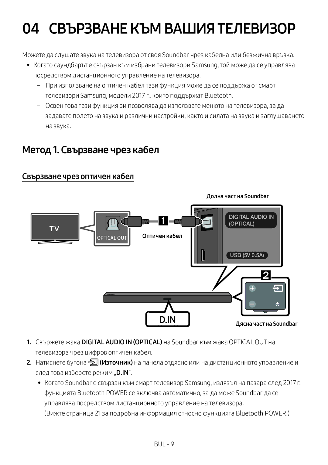 Samsung HW-M360/EN, HW-M360/ZG, HW-M360/ZF manual Метод 1. Свързване чрез кабел, Свързване чрез оптичен кабел 