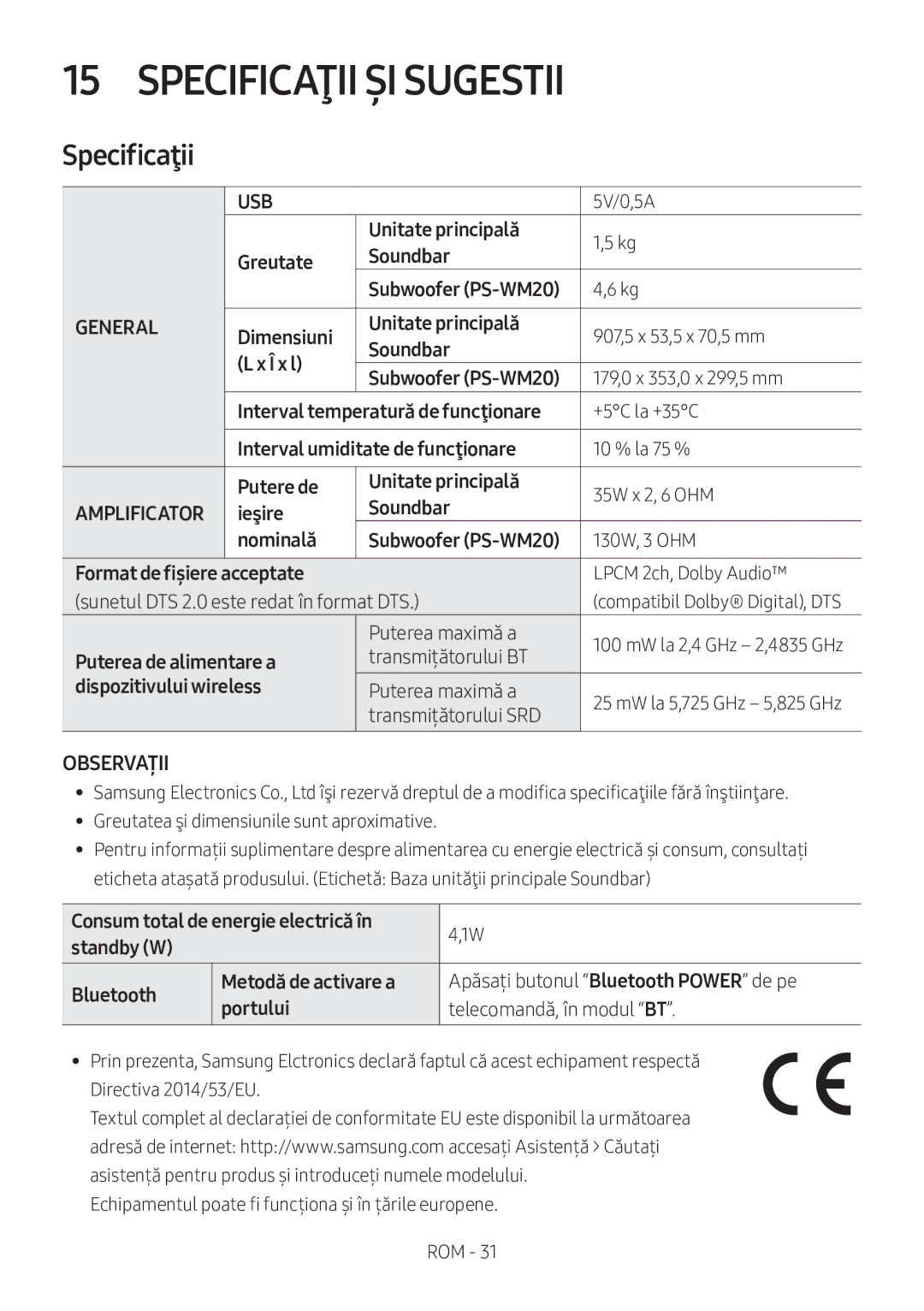 Samsung HW-M360/ZG, HW-M360/EN, HW-M360/ZF manual Specificaţii ȘI Sugestii, Observații 