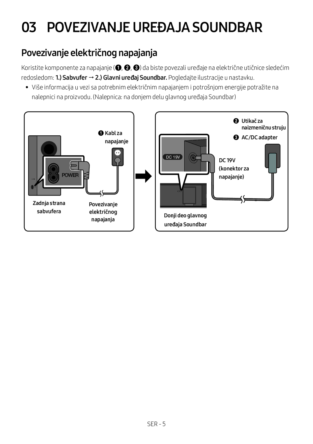 Samsung HW-M360/ZG, HW-M360/EN, HW-M360/ZF manual Povezivanje Uređaja Soundbar, Povezivanje električnog napajanja 