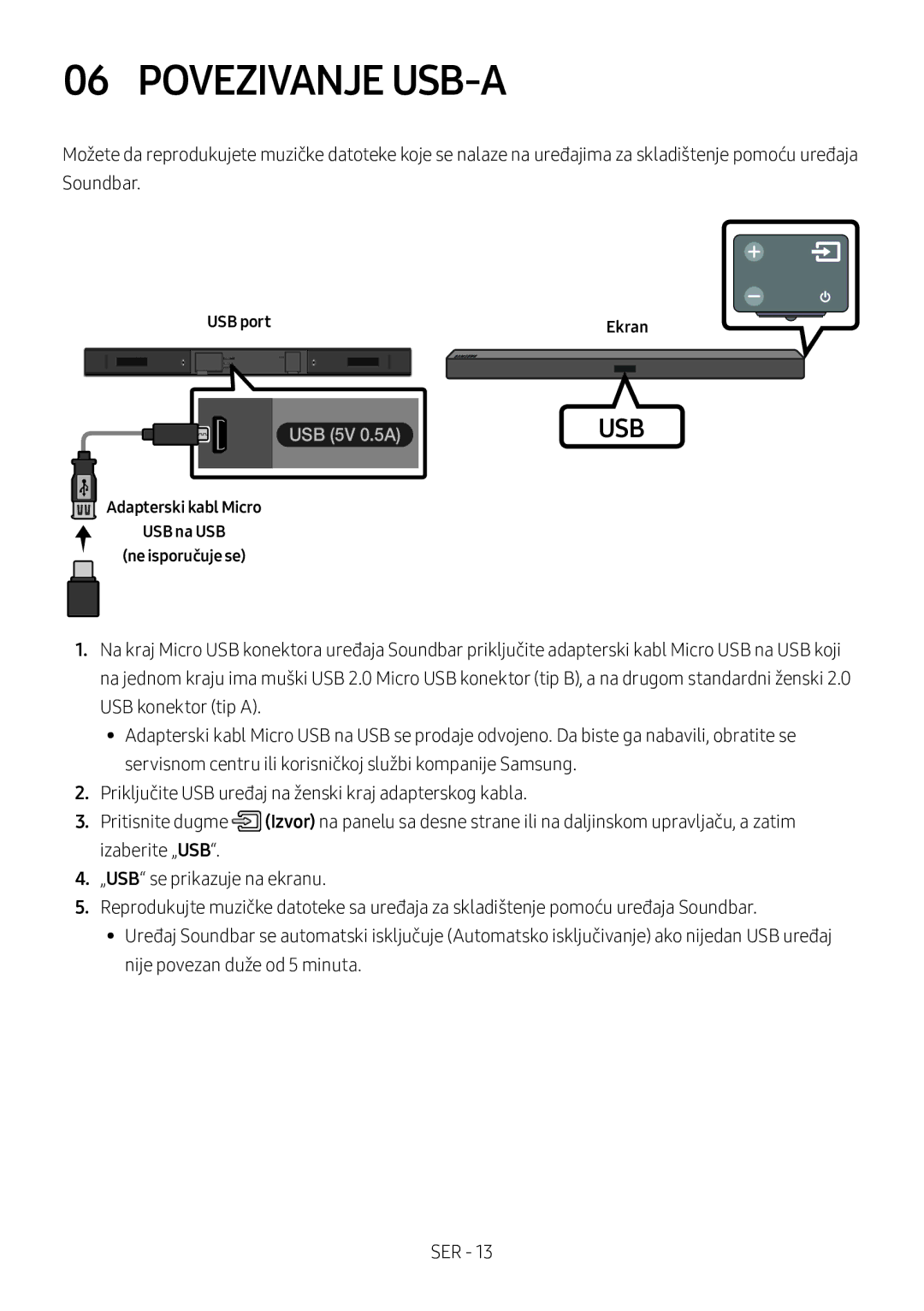 Samsung HW-M360/EN, HW-M360/ZG manual Povezivanje USB-A, USB port Ekran, Adapterski kabl Micro USB na USB Ne isporučuje se 