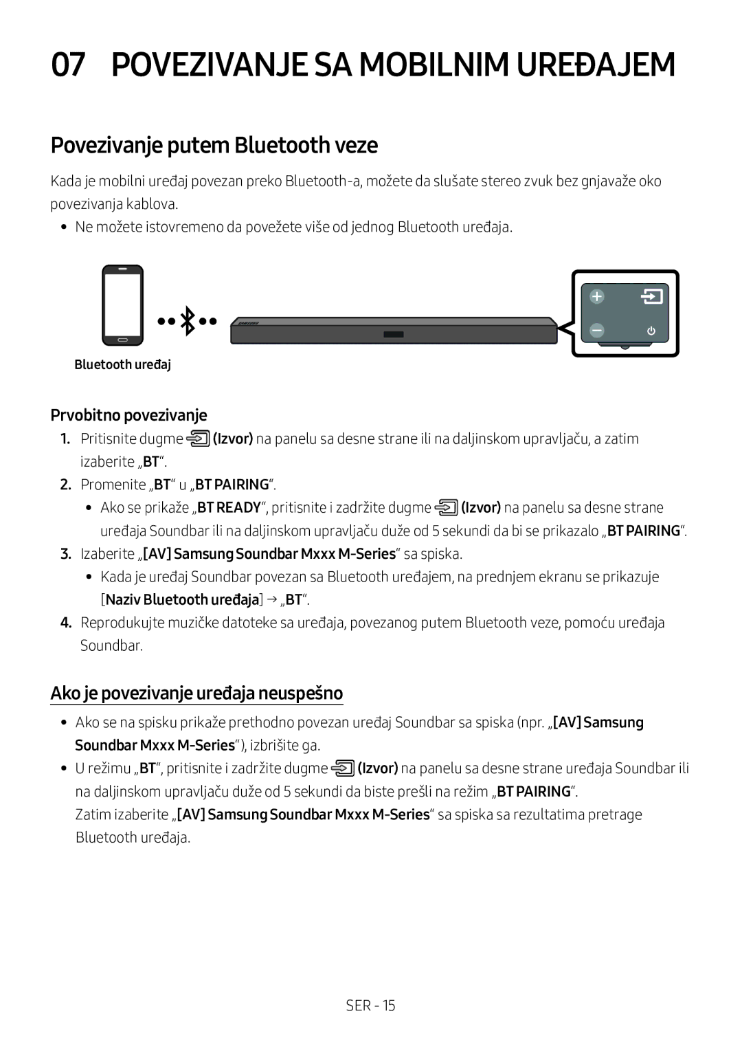 Samsung HW-M360/ZF, HW-M360/EN, HW-M360/ZG manual Povezivanje putem Bluetooth veze, Ako je povezivanje uređaja neuspešno 