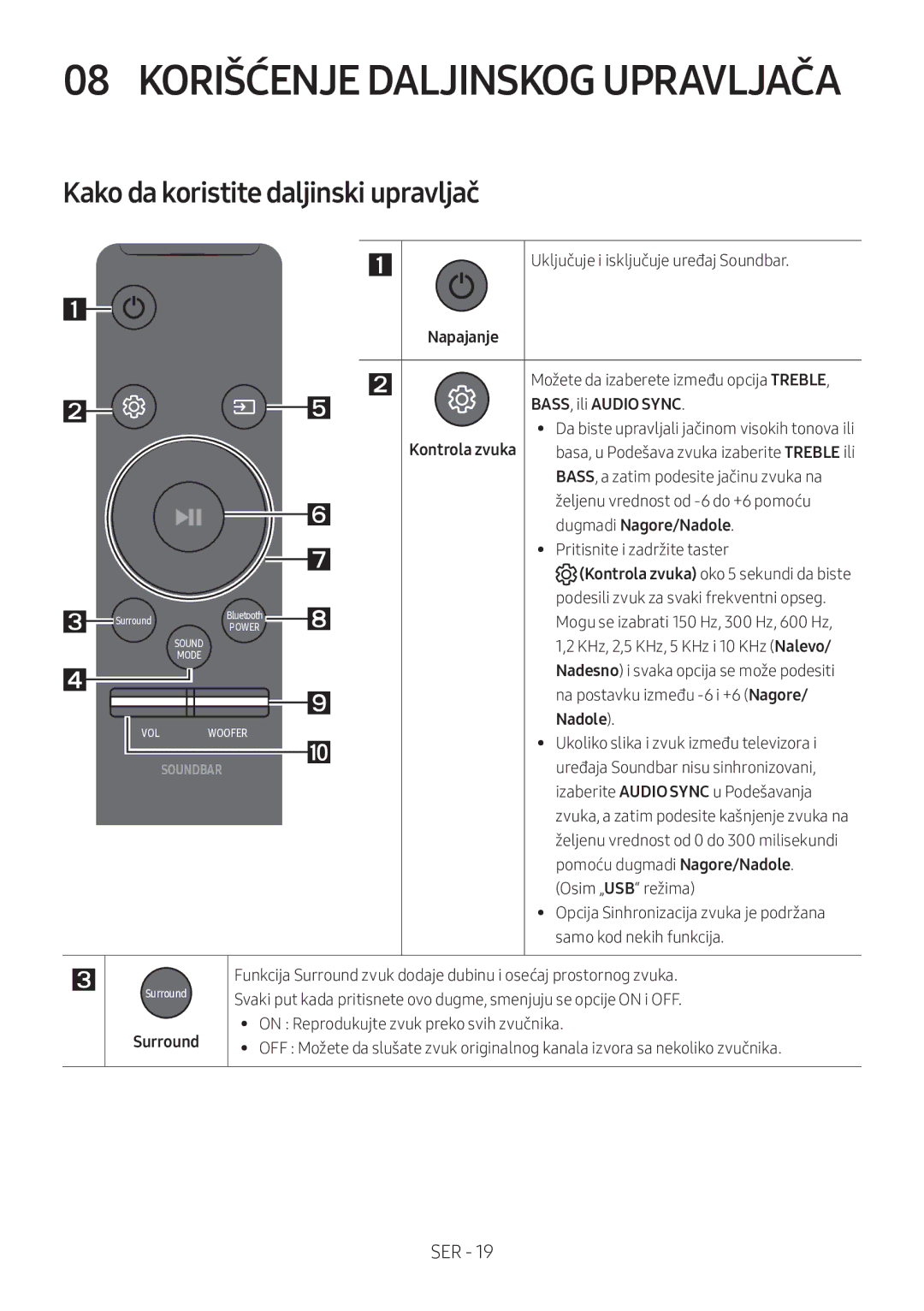 Samsung HW-M360/EN, HW-M360/ZG manual Kako da koristite daljinski upravljač, BASS, ili Audio Sync, Dugmadi Nagore/Nadole 