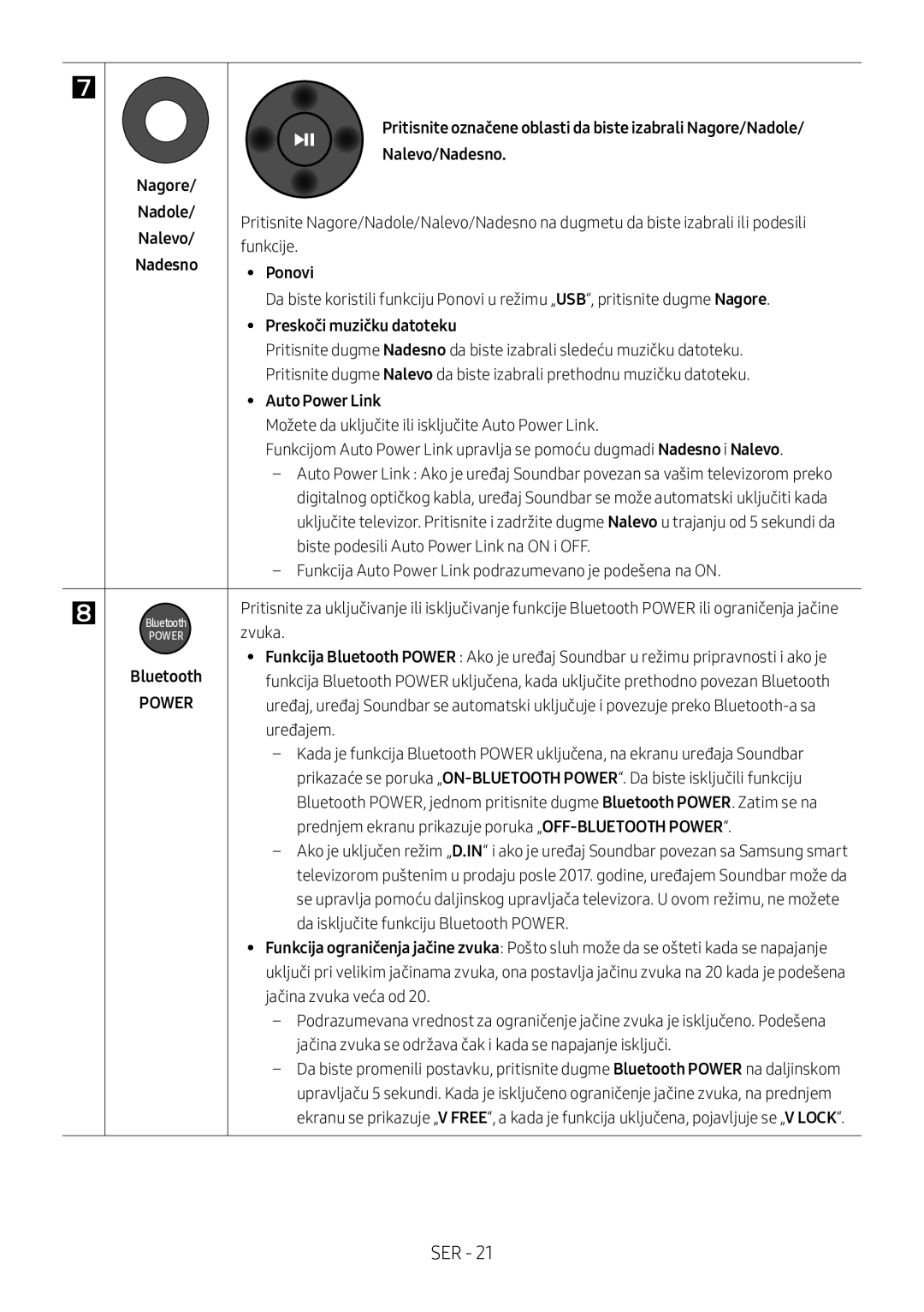 Samsung HW-M360/ZF, HW-M360/EN, HW-M360/ZG manual Nagore Nalevo/Nadesno Nadole, Funkcije, Ponovi, Preskoči muzičku datoteku 