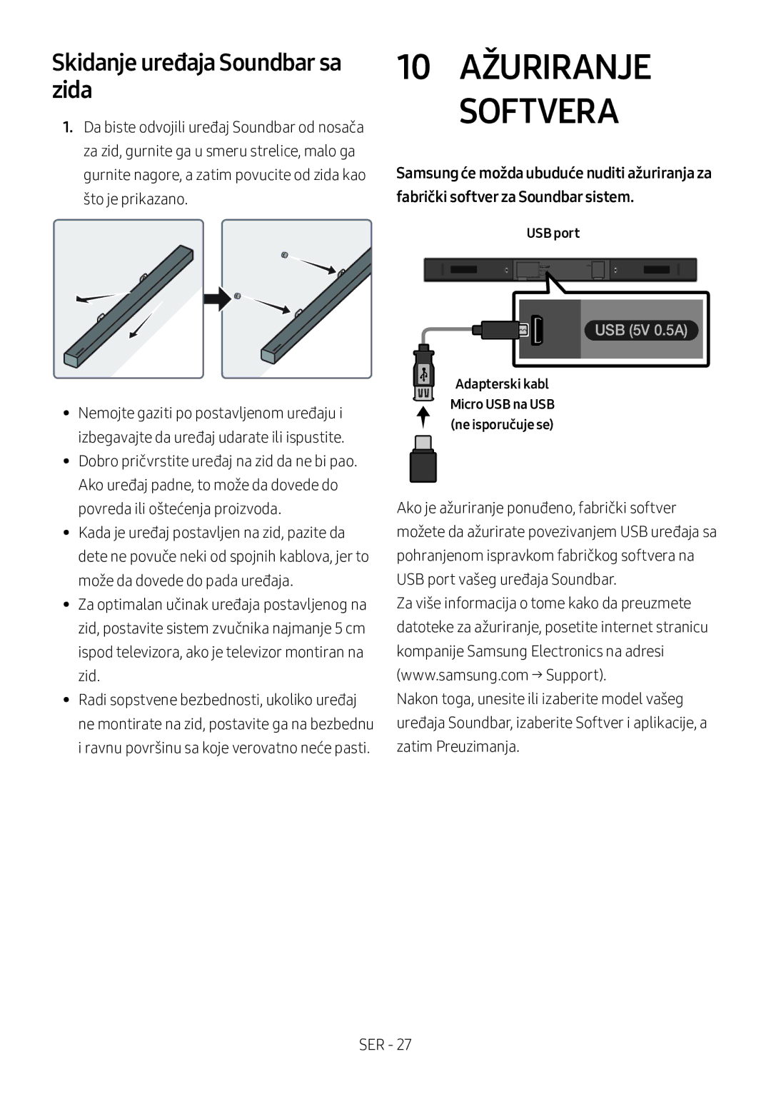 Samsung HW-M360/ZF, HW-M360/EN, HW-M360/ZG manual Skidanje uređaja Soundbar sa zida, Adapterski kabl 