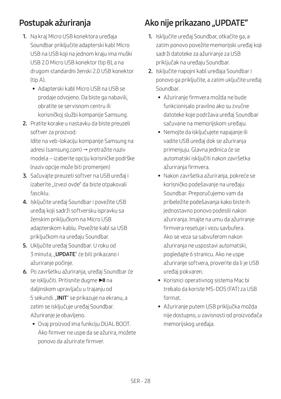 Samsung HW-M360/EN, HW-M360/ZG, HW-M360/ZF manual Postupak ažuriranja, Ako nije prikazano „UPDATE 