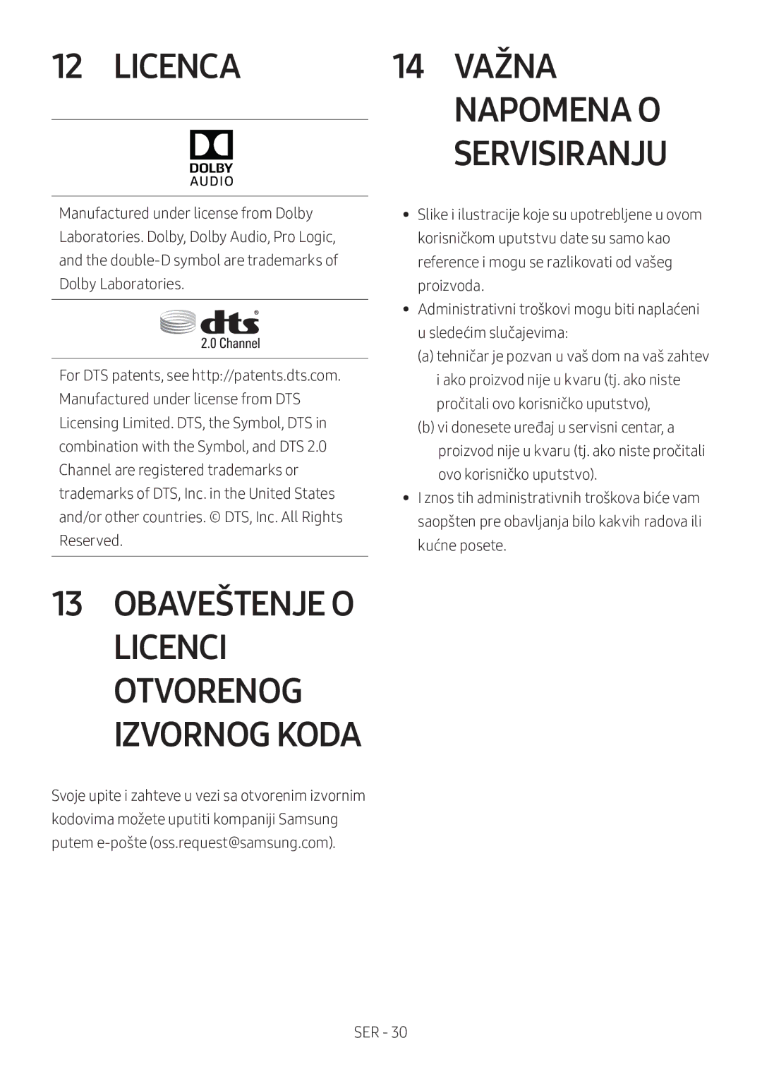 Samsung HW-M360/ZF, HW-M360/EN, HW-M360/ZG manual Licenca 14 Važna, Napomena O 