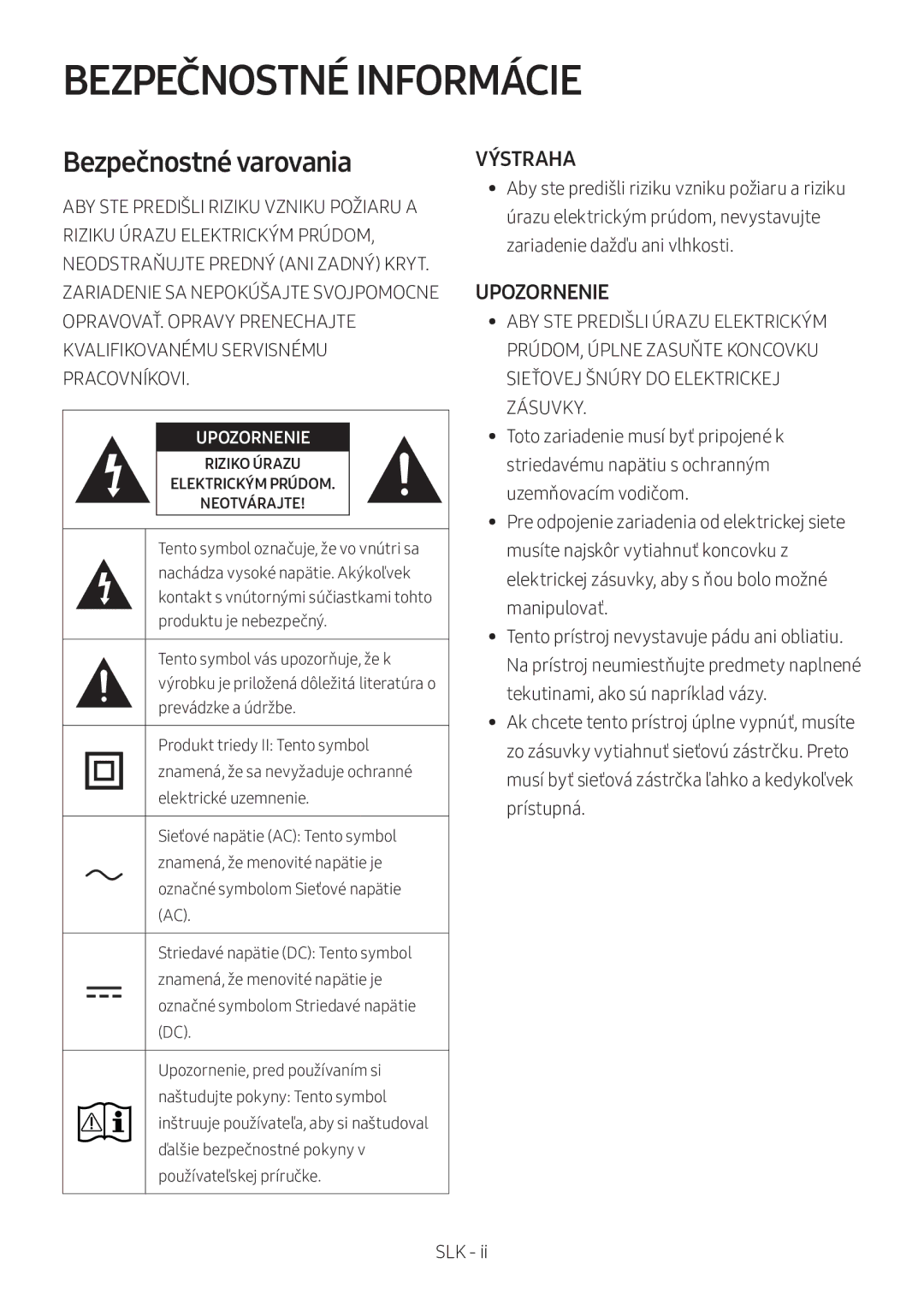 Samsung HW-M360/ZF, HW-M360/EN, HW-M360/ZG manual Bezpečnostné Informácie, Bezpečnostné varovania, Upozornenie 