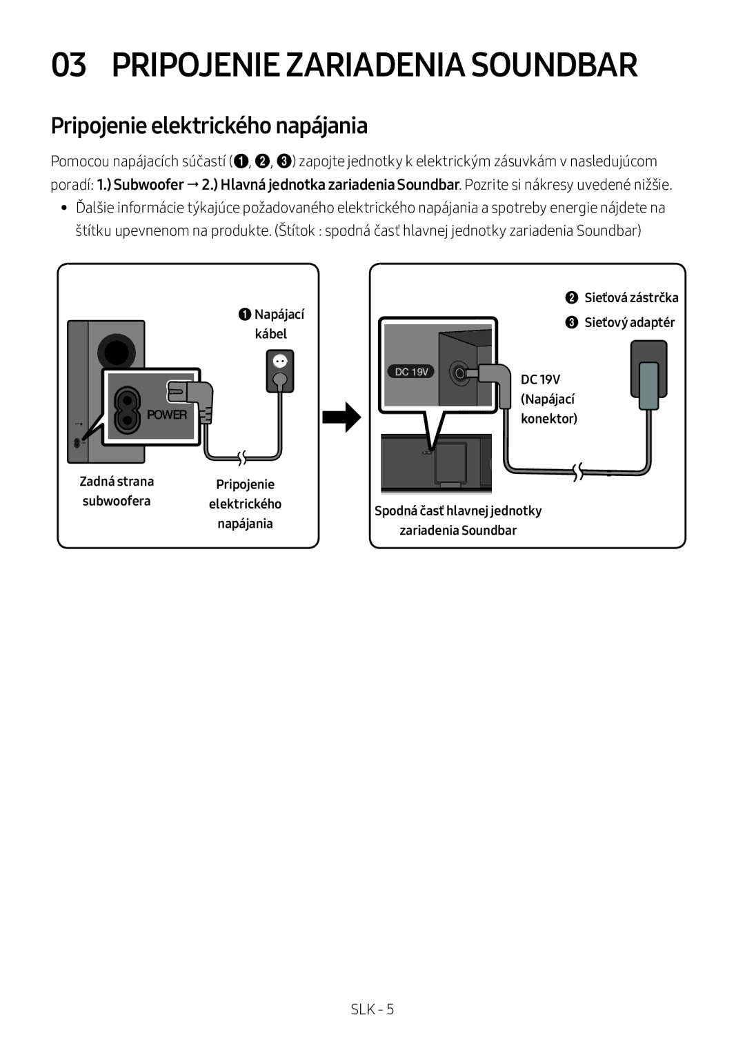 Samsung HW-M360/EN, HW-M360/ZG, HW-M360/ZF manual Pripojenie Zariadenia Soundbar, Pripojenie elektrického napájania 