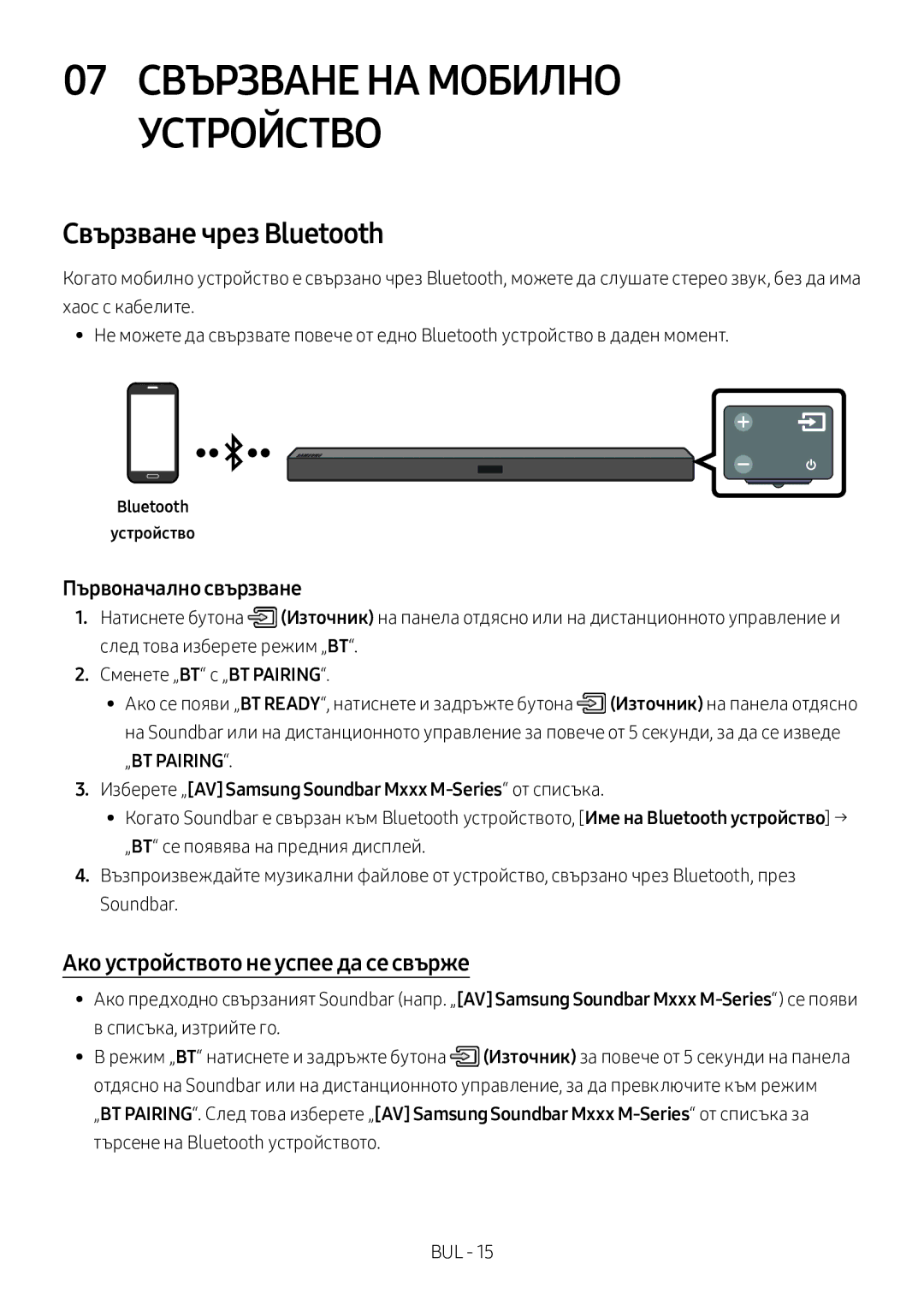 Samsung HW-M360/EN, HW-M360/ZG manual Свързване чрез Bluetooth, Ако устройството не успее да се свърже, Bluetooth Устройство 