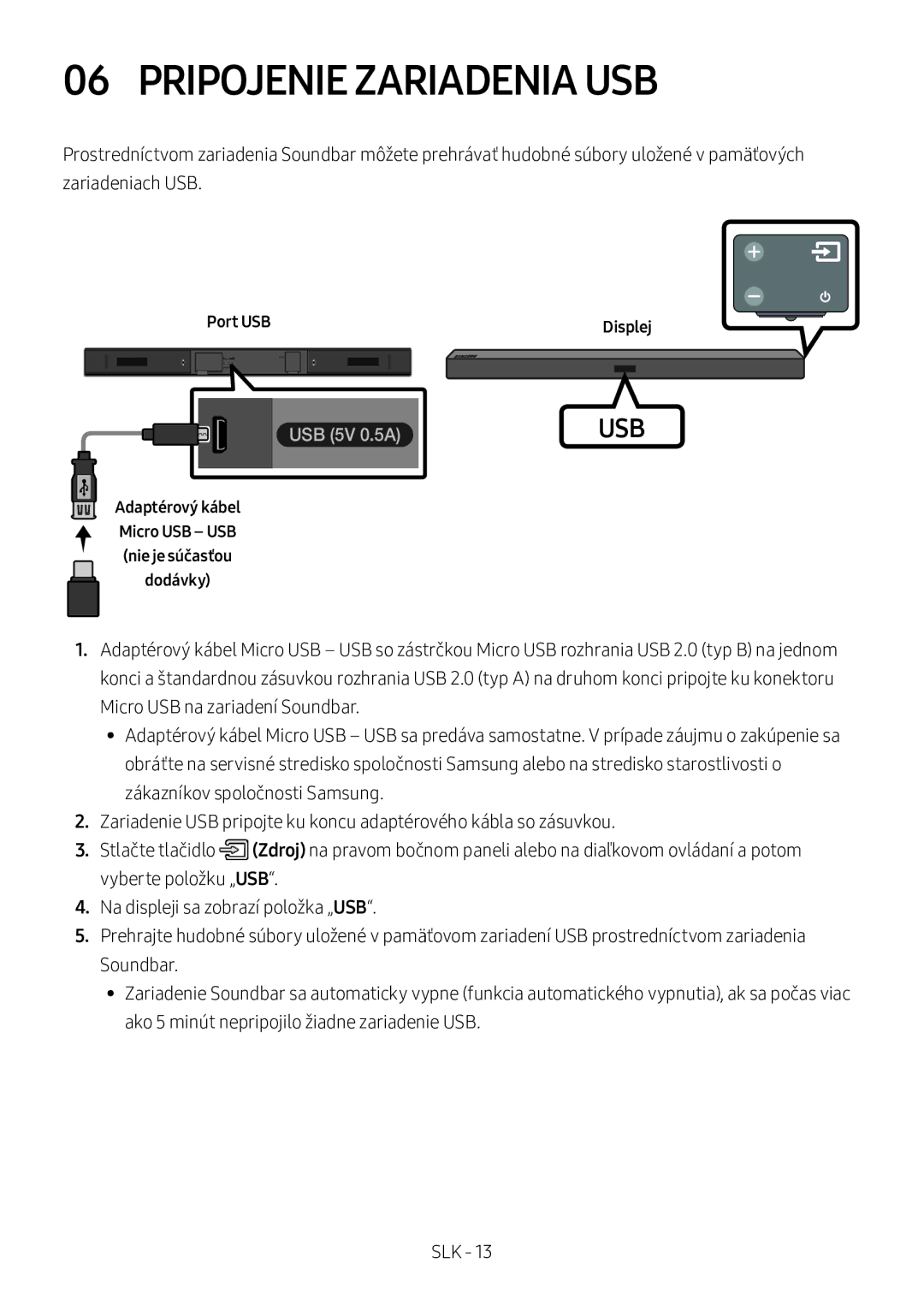 Samsung HW-M360/ZF, HW-M360/EN, HW-M360/ZG manual Pripojenie Zariadenia USB, Port USB Displej 