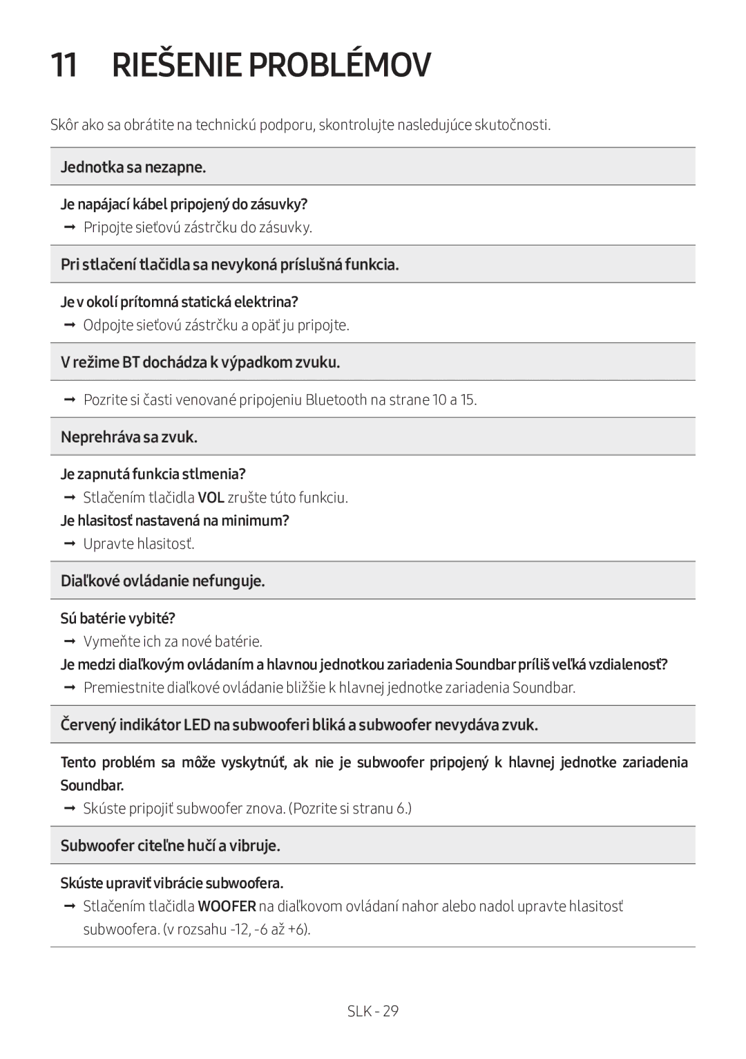 Samsung HW-M360/EN, HW-M360/ZG, HW-M360/ZF manual 11 Riešenie Problémov 