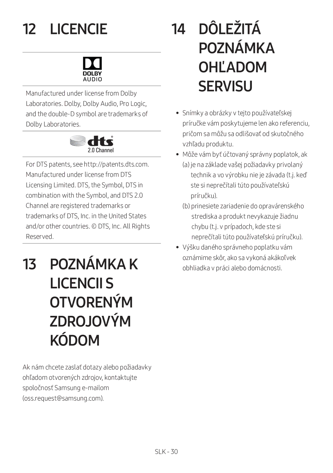 Samsung HW-M360/ZG, HW-M360/EN, HW-M360/ZF manual Licencie, 14 Dôležitá Poznámka 