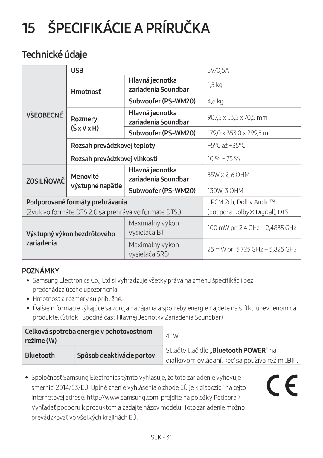 Samsung HW-M360/ZF, HW-M360/EN, HW-M360/ZG manual 15 Špecifikácie a Príručka 