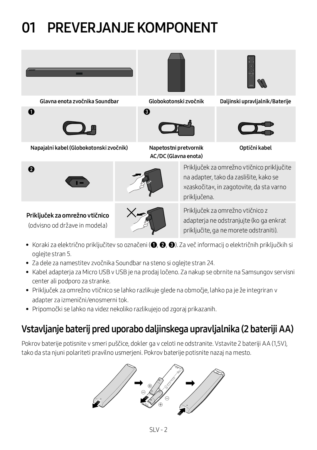 Samsung HW-M360/ZF, HW-M360/EN, HW-M360/ZG manual Preverjanje Komponent, Glavna enota zvočnika Soundbar Globokotonski zvočnik 