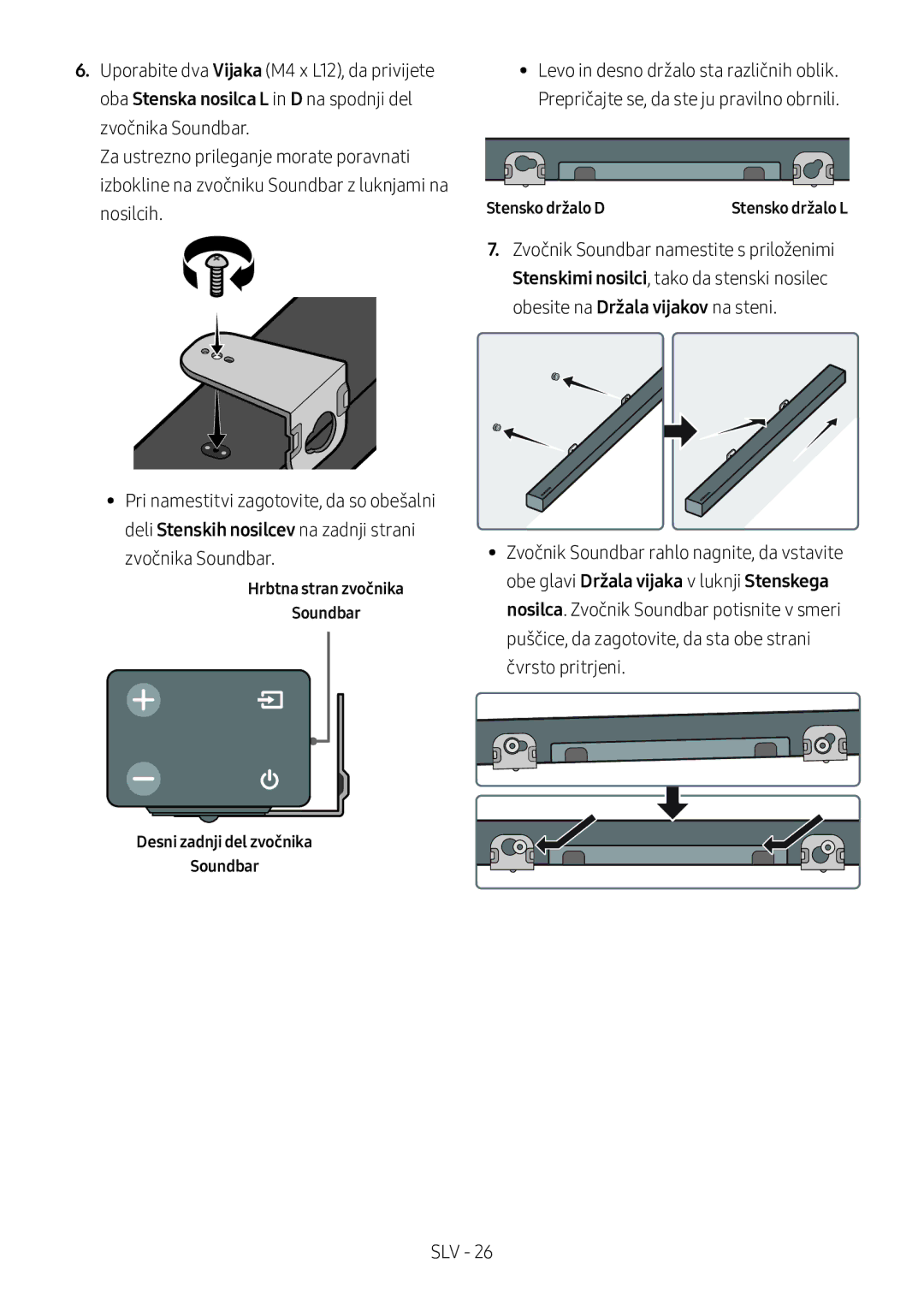 Samsung HW-M360/ZF, HW-M360/EN, HW-M360/ZG manual Hrbtna stran zvočnika Soundbar Desni zadnji del zvočnika, Stensko držalo D 