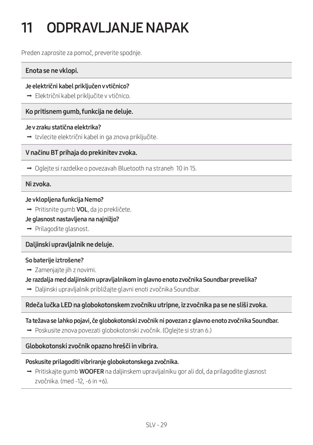 Samsung HW-M360/ZF, HW-M360/EN, HW-M360/ZG manual Odpravljanje Napak 