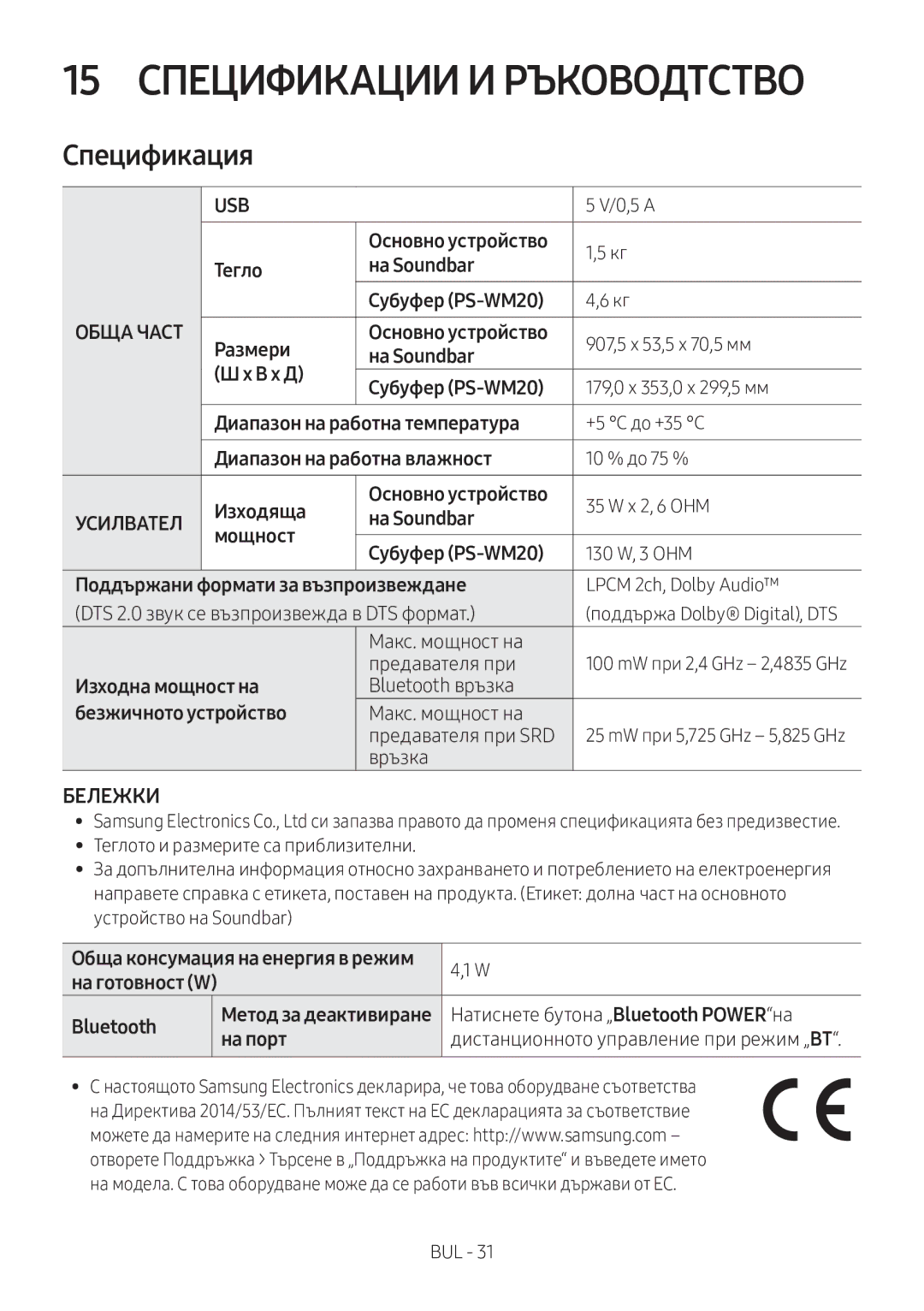 Samsung HW-M360/ZG, HW-M360/EN, HW-M360/ZF manual 15 Спецификации И Ръководtство, Спецификация, Бележки 