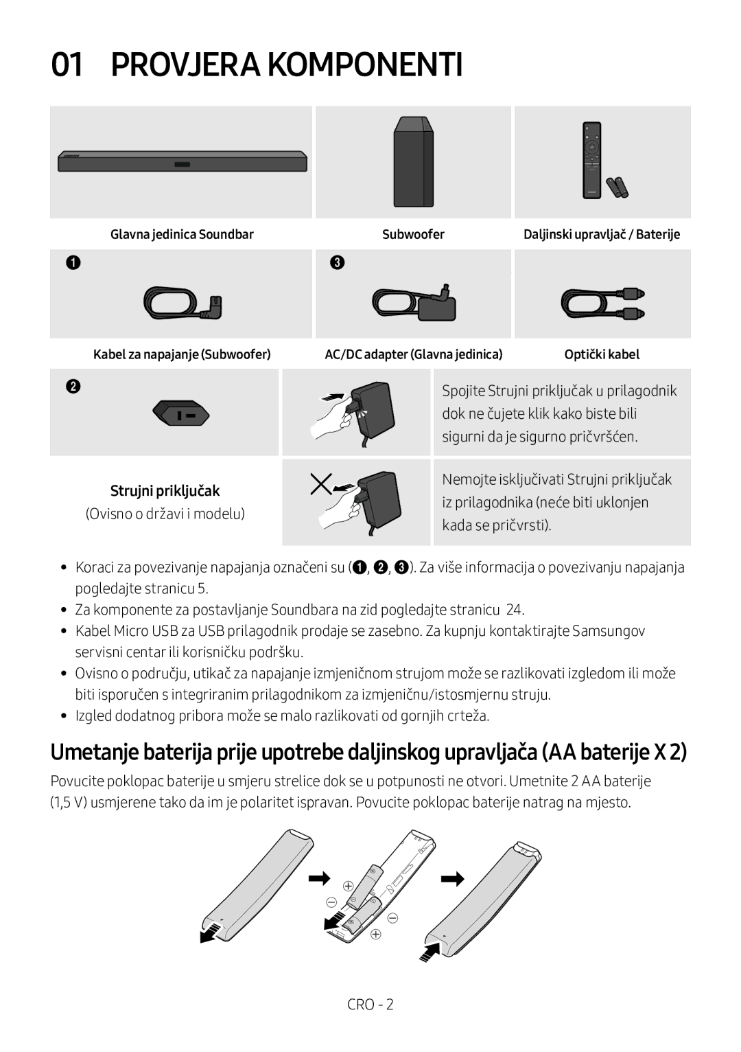 Samsung HW-M360/ZG Provjera Komponenti, Glavna jedinica Soundbar Kabel za napajanje Subwoofer, Ovisno o državi i modelu 