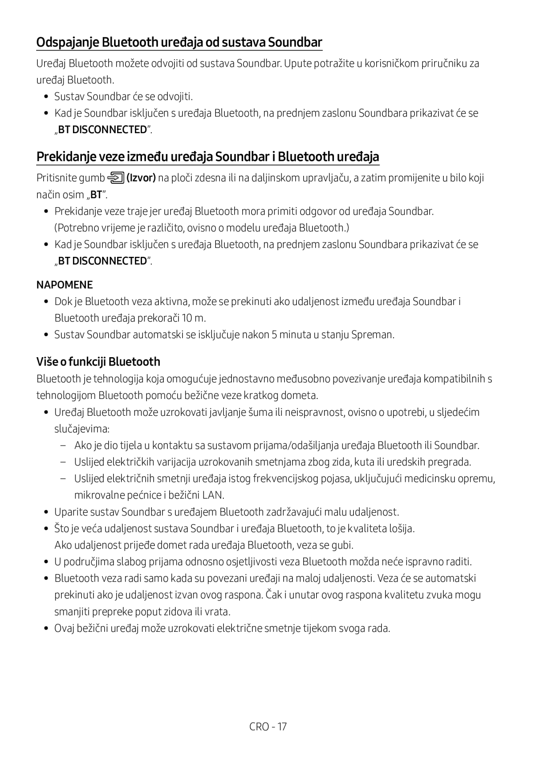 Samsung HW-M360/ZG manual Odspajanje Bluetooth uređaja od sustava Soundbar, Više o funkciji Bluetooth, „BT Disconnected 