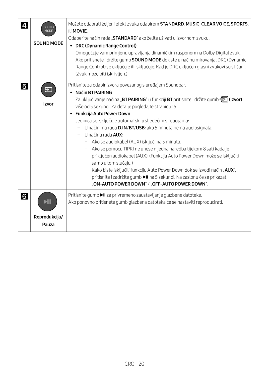 Samsung HW-M360/ZG, HW-M360/EN, HW-M360/ZF manual Način BT Pairing Izvor, Funkcija Auto Power Down, Reprodukcija Pauza 