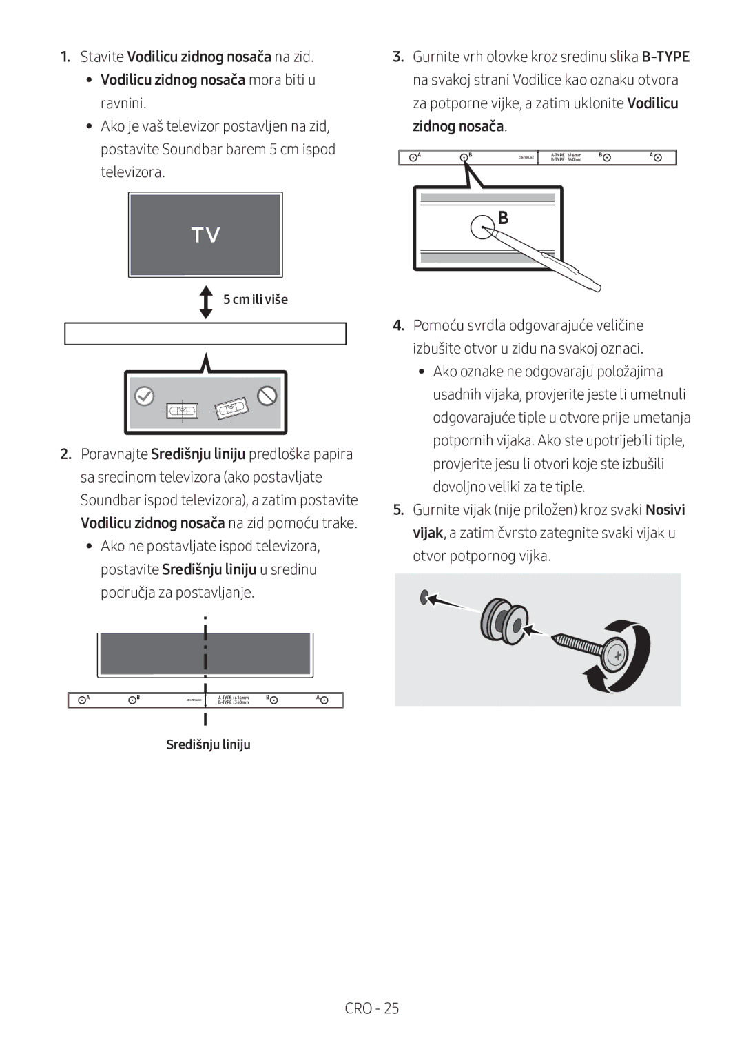 Samsung HW-M360/EN, HW-M360/ZG, HW-M360/ZF manual Cm ili više, Središnju liniju 