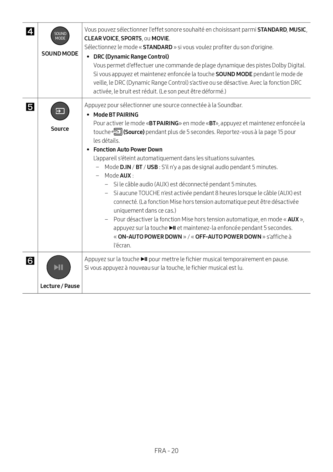 Samsung HW-M360/EN, HW-M360/ZG Clear VOICE, SPORTS, ou Movie, Mode BT Pairing, Fonction Auto Power Down, Lecture / Pause 