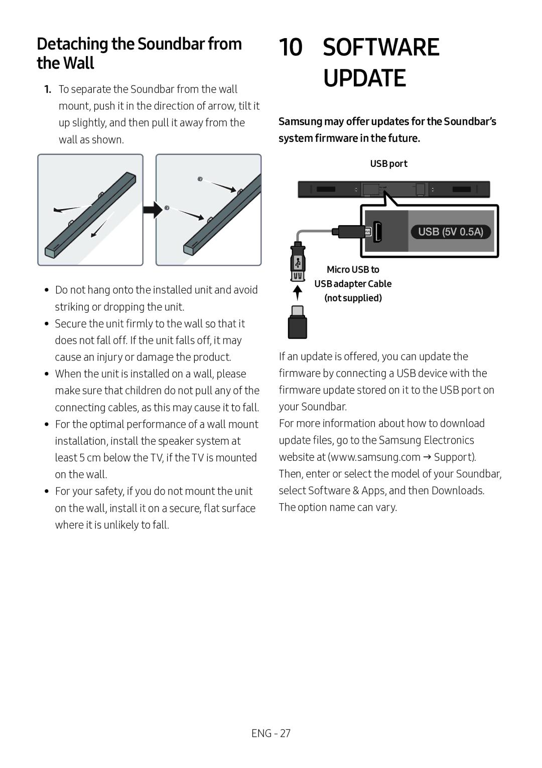 Samsung HW-M360/ZG, HW-M360/EN, HW-M360/ZF manual Detaching the Soundbar from the Wall, USB port 