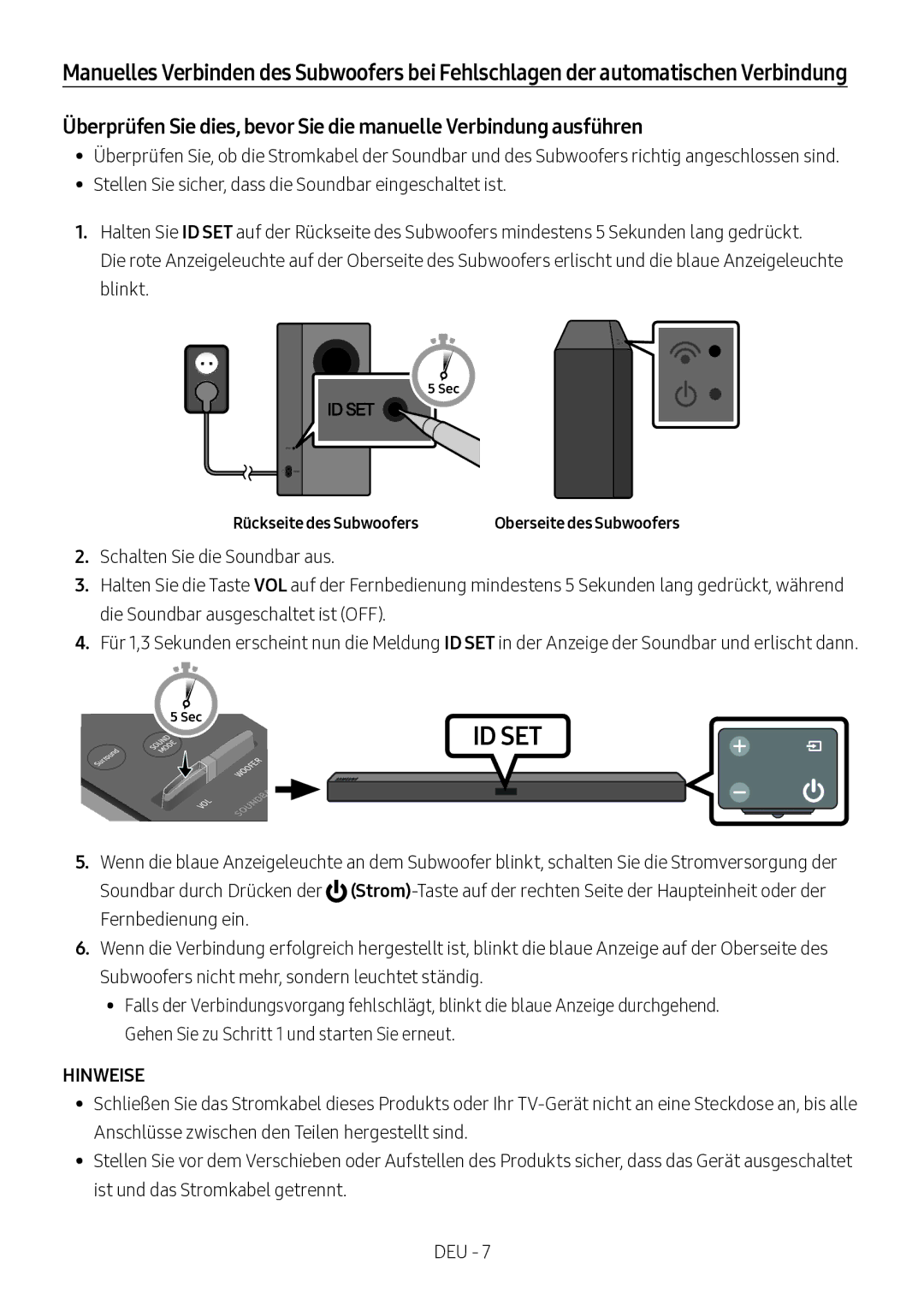 Samsung HW-M360/ZG, HW-M360/EN, HW-M360/ZF manual Hinweise, Rückseite des Subwoofers 