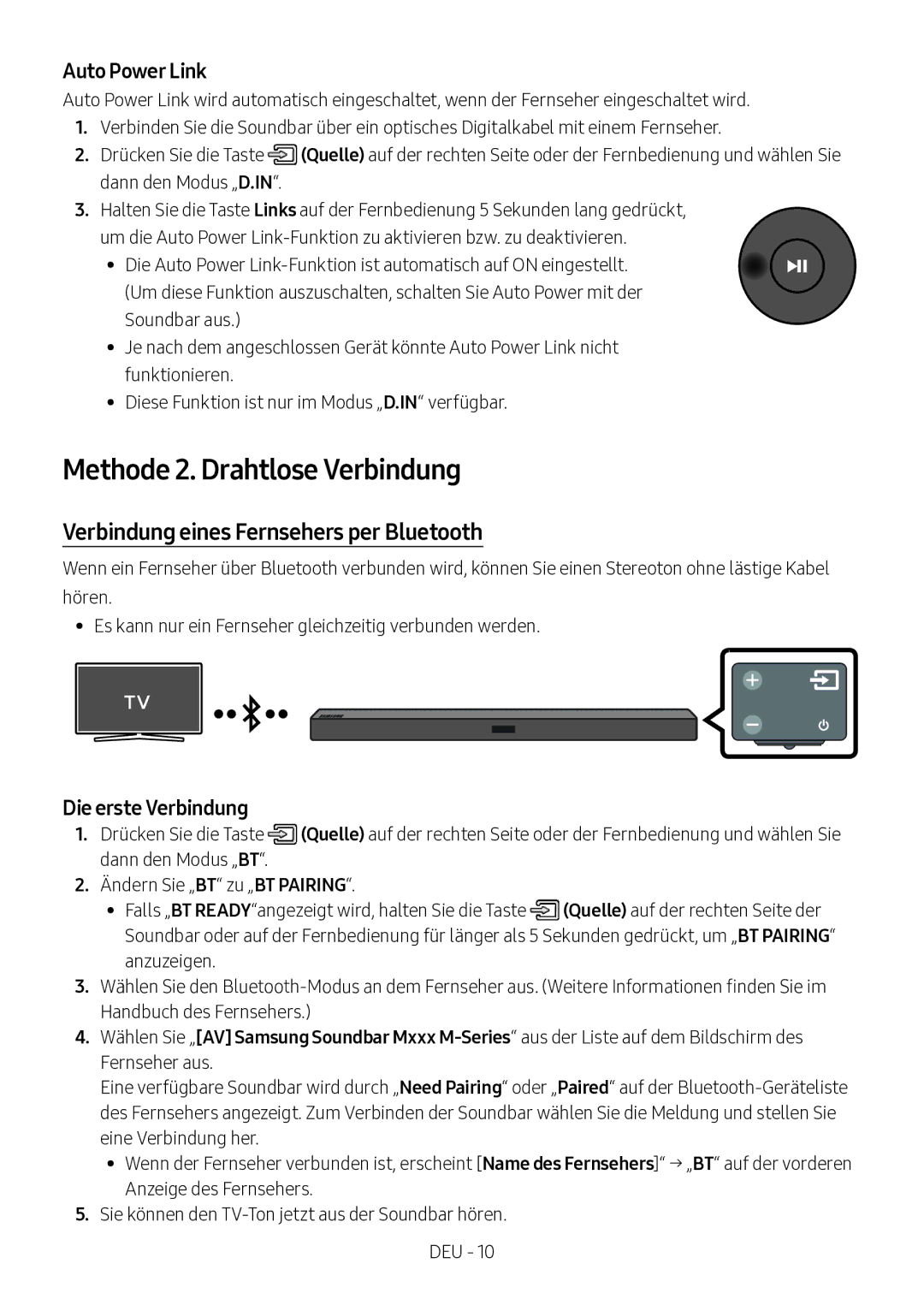 Samsung HW-M360/ZG manual Methode 2. Drahtlose Verbindung, Verbindung eines Fernsehers per Bluetooth, Die erste Verbindung 