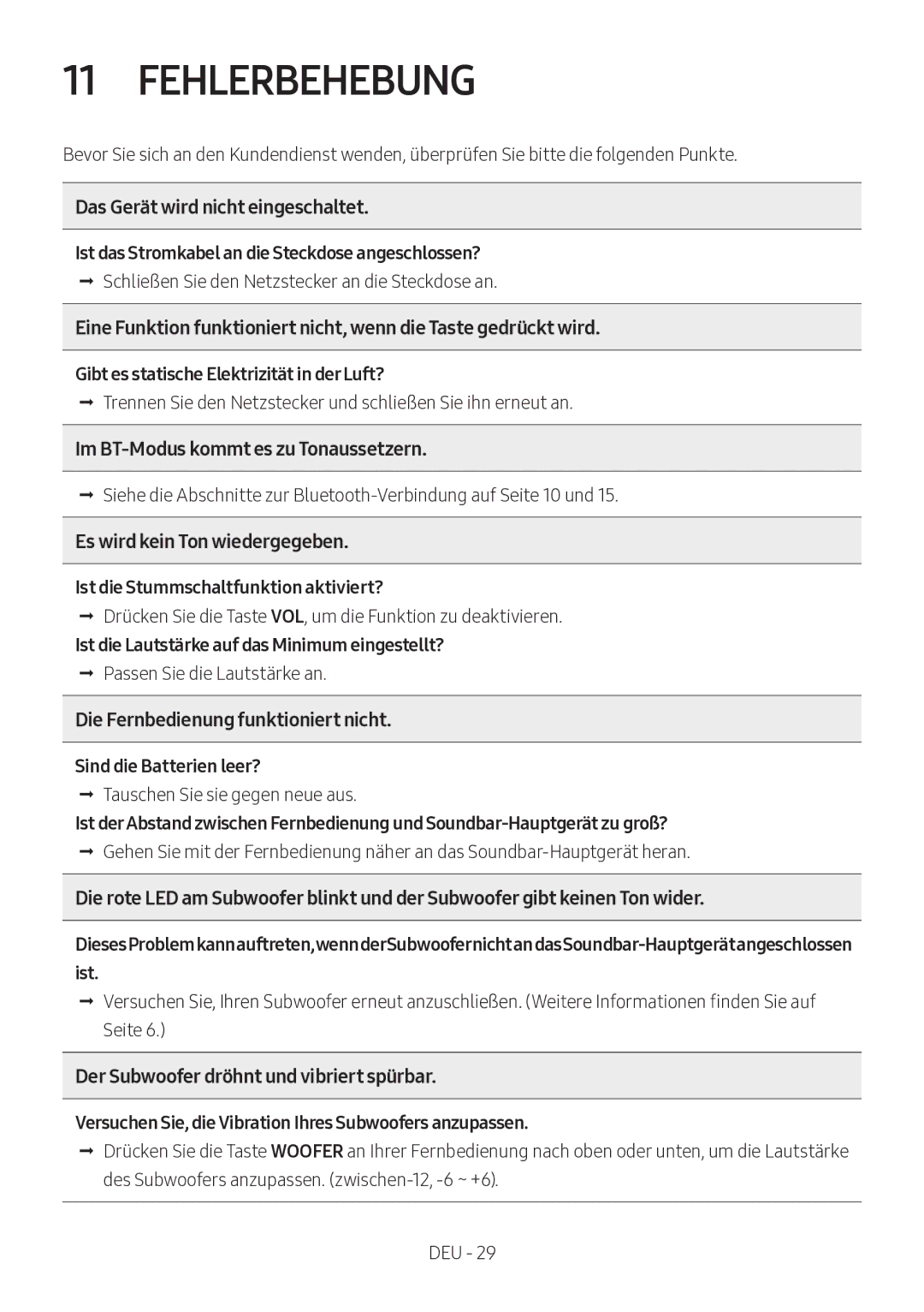 Samsung HW-M360/ZF, HW-M360/EN, HW-M360/ZG manual Fehlerbehebung 