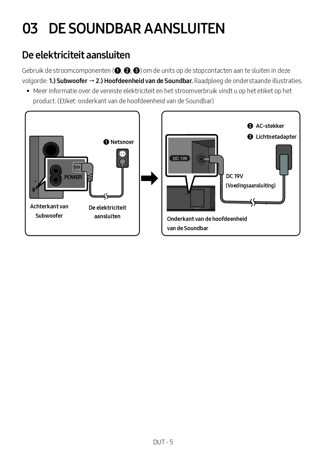 Samsung HW-M360/ZG, HW-M360/EN, HW-M360/ZF manual DE Soundbar Aansluiten, De elektriciteit aansluiten 