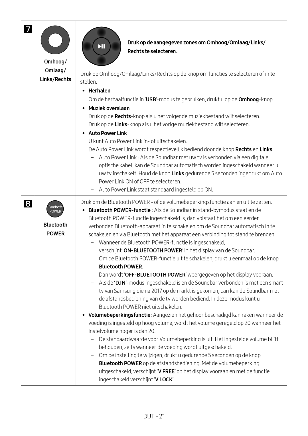 Samsung HW-M360/ZF, HW-M360/EN, HW-M360/ZG manual Omhoog Rechts te selecteren, Herhalen, Muziek overslaan, Bluetooth Power 