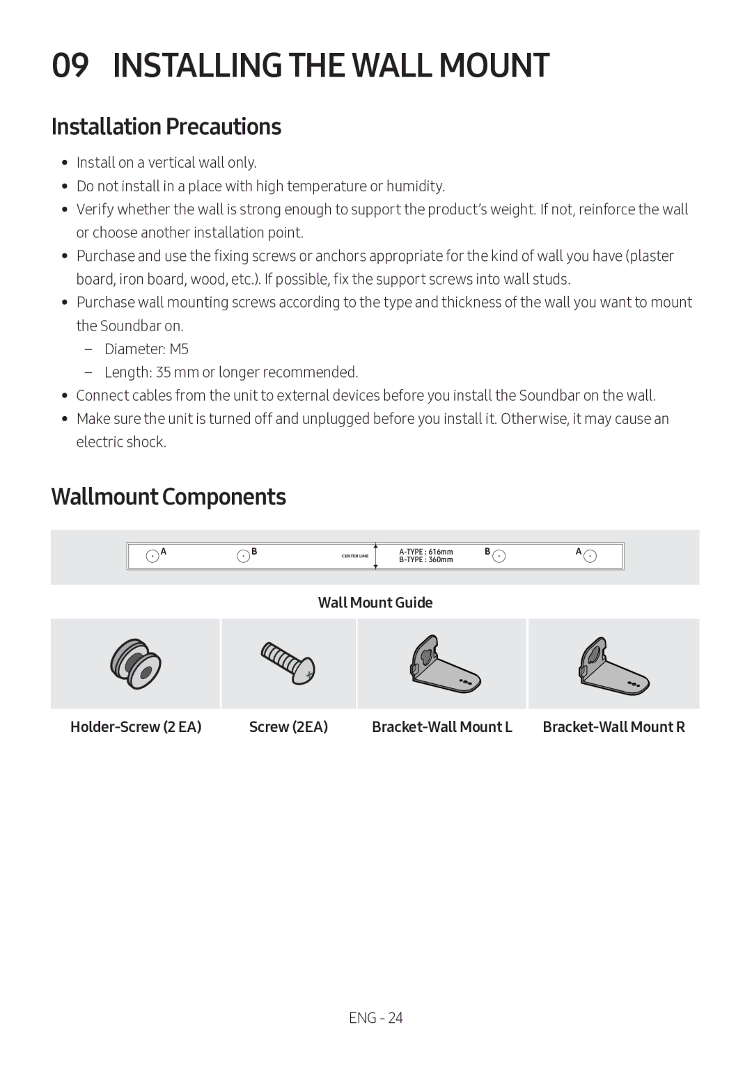 Samsung HW-M360/ZG manual Installing the Wall Mount, Installation Precautions, Wallmount Components, Bracket-Wall Mount R 