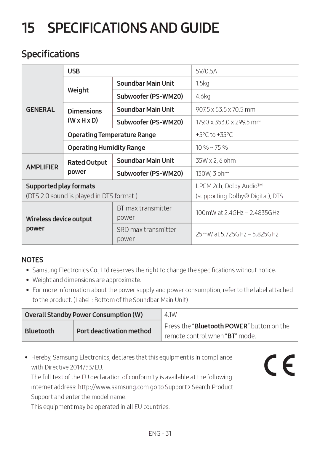 Samsung HW-M360/ZF, HW-M360/EN, HW-M360/ZG manual Specifications and Guide 