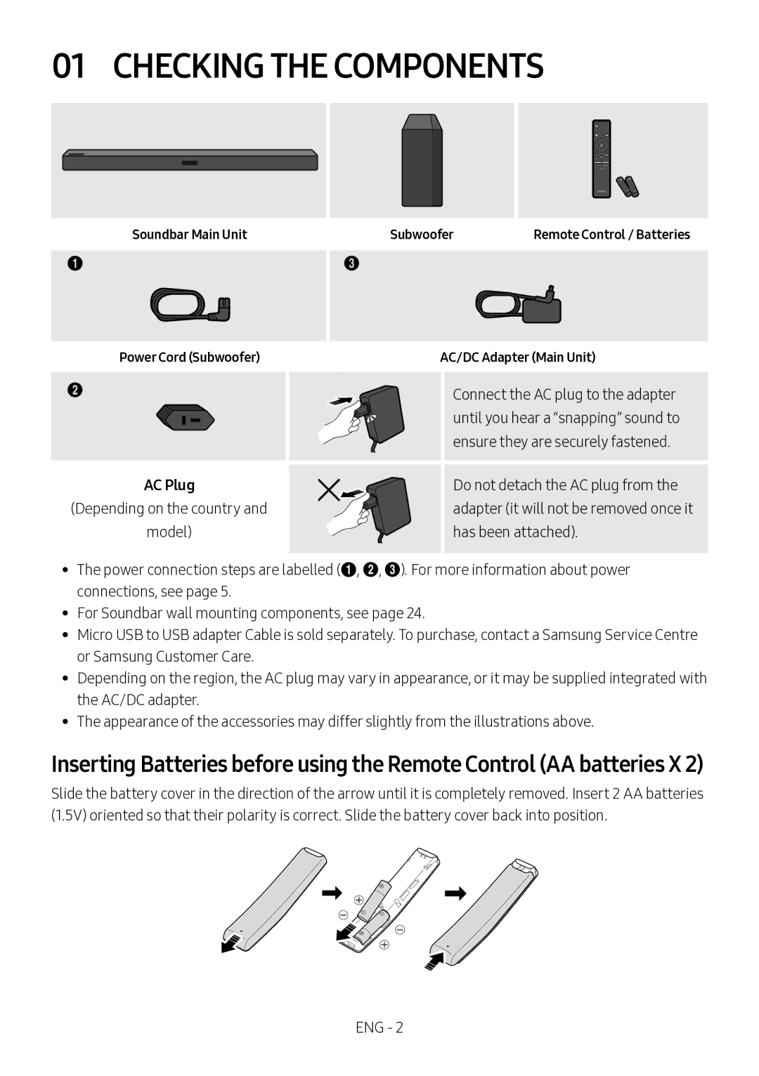 Samsung HW-M360/EN, HW-M360/ZG Checking the Components, Soundbar Main Unit Power Cord Subwoofer, AC/DC Adapter Main Unit 