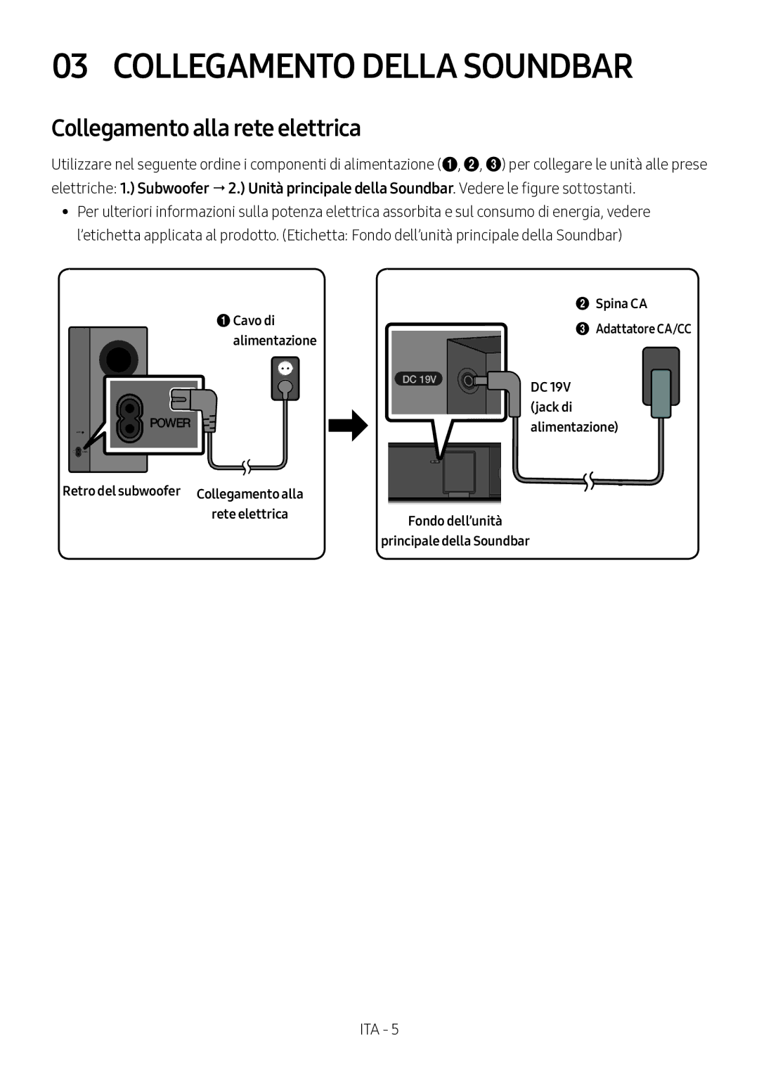 Samsung HW-M360/EN manual Collegamento Della Soundbar, Collegamento alla rete elettrica, Spina CA Adattatore CA/CC Jack di 