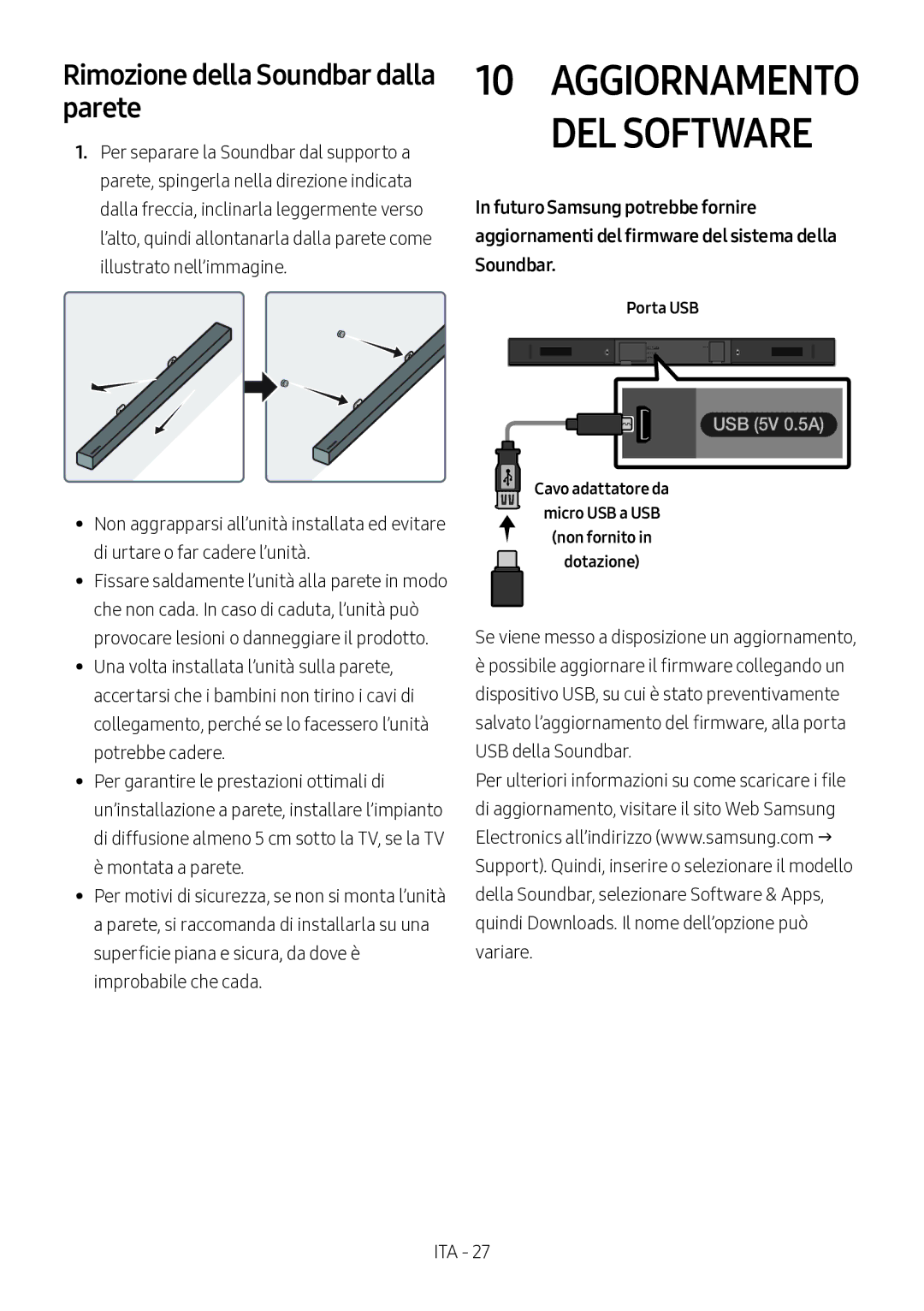 Samsung HW-M360/EN, HW-M360/ZG manual Aggiornamento DEL Software, Rimozione della Soundbar dalla parete, Porta USB 